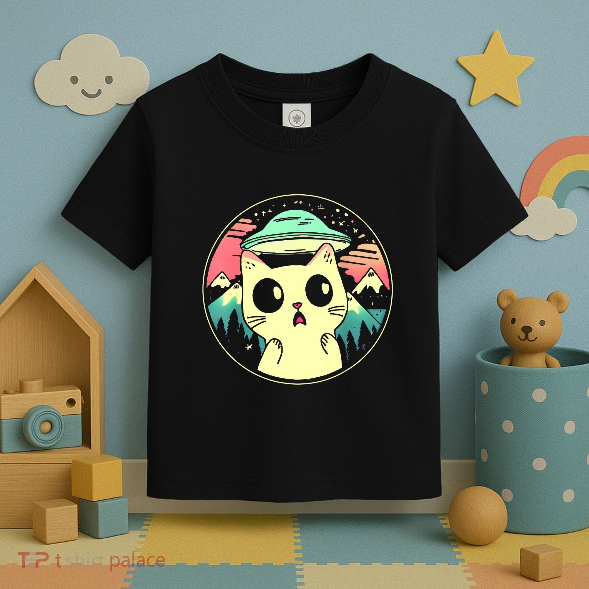 Funny Kawaii Cat Aliens And Ufo Toddler T-Shirt