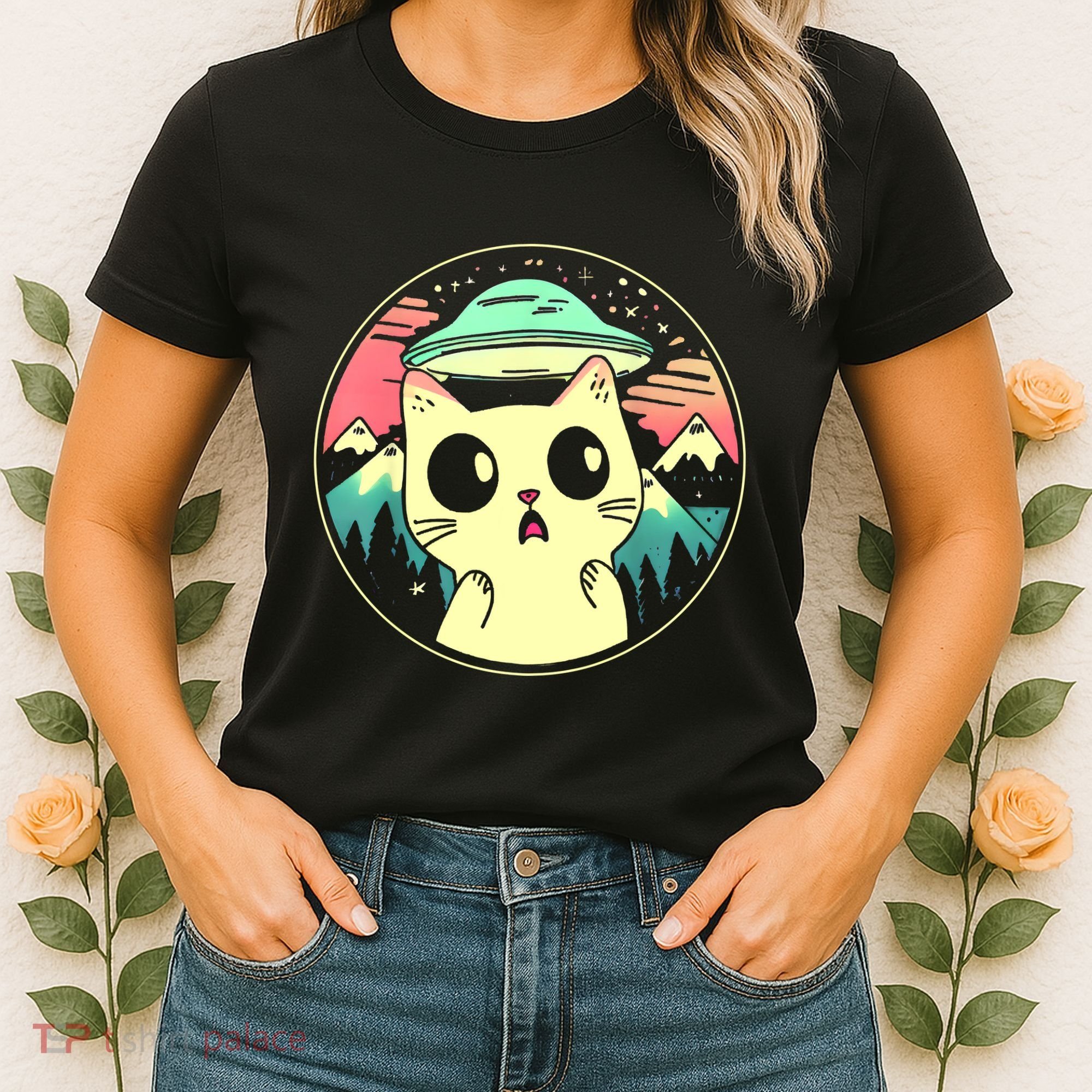 Funny Kawaii Cat Aliens And Ufo Women's T-Shirt