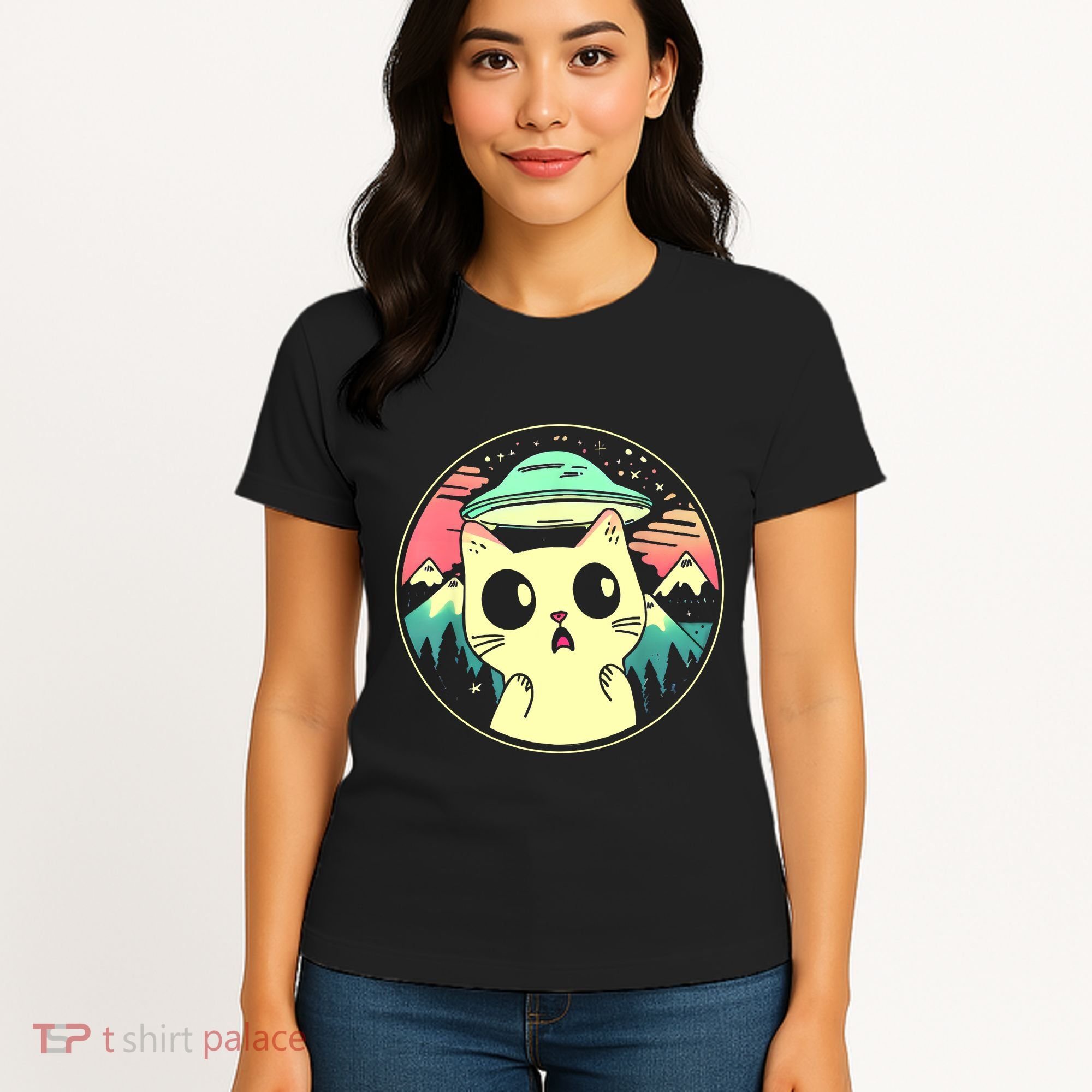 Funny Kawaii Cat Aliens And Ufo Women's T-Shirt