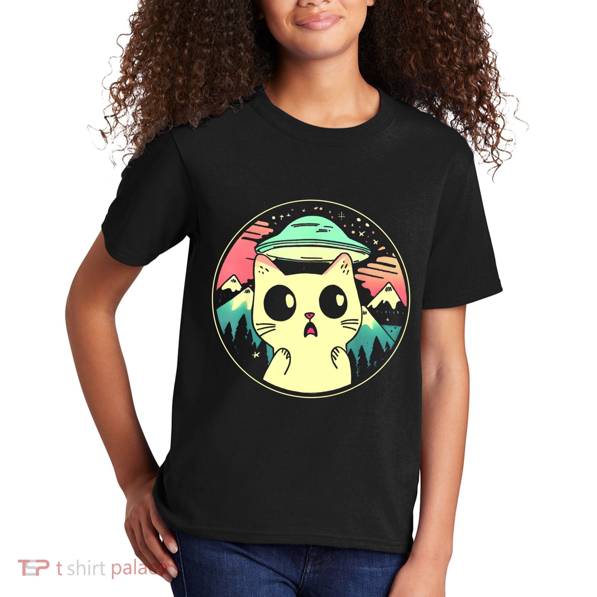 Funny Kawaii Cat Aliens And Ufo Kids T-Shirt
