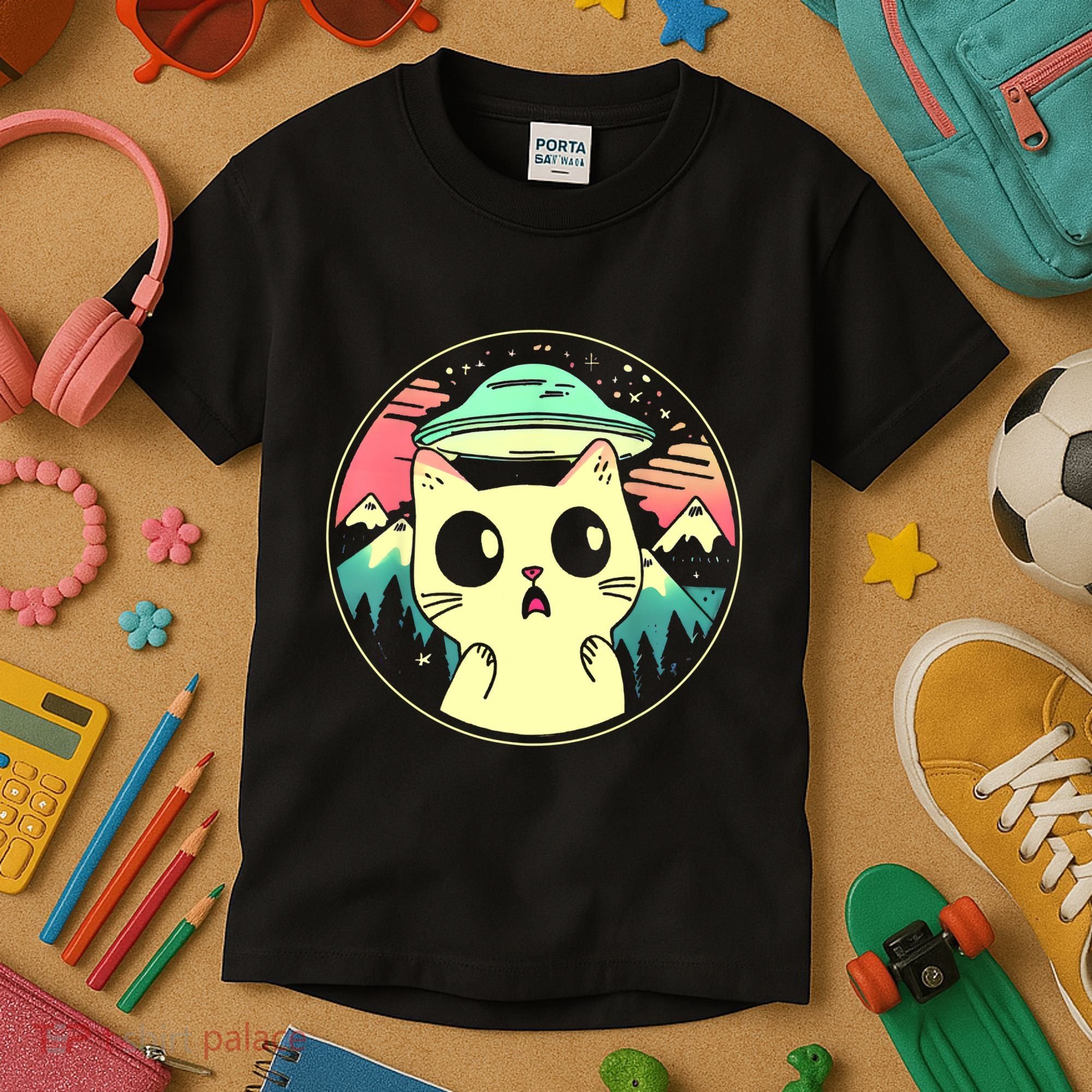 Funny Kawaii Cat Aliens And Ufo Kids T-Shirt