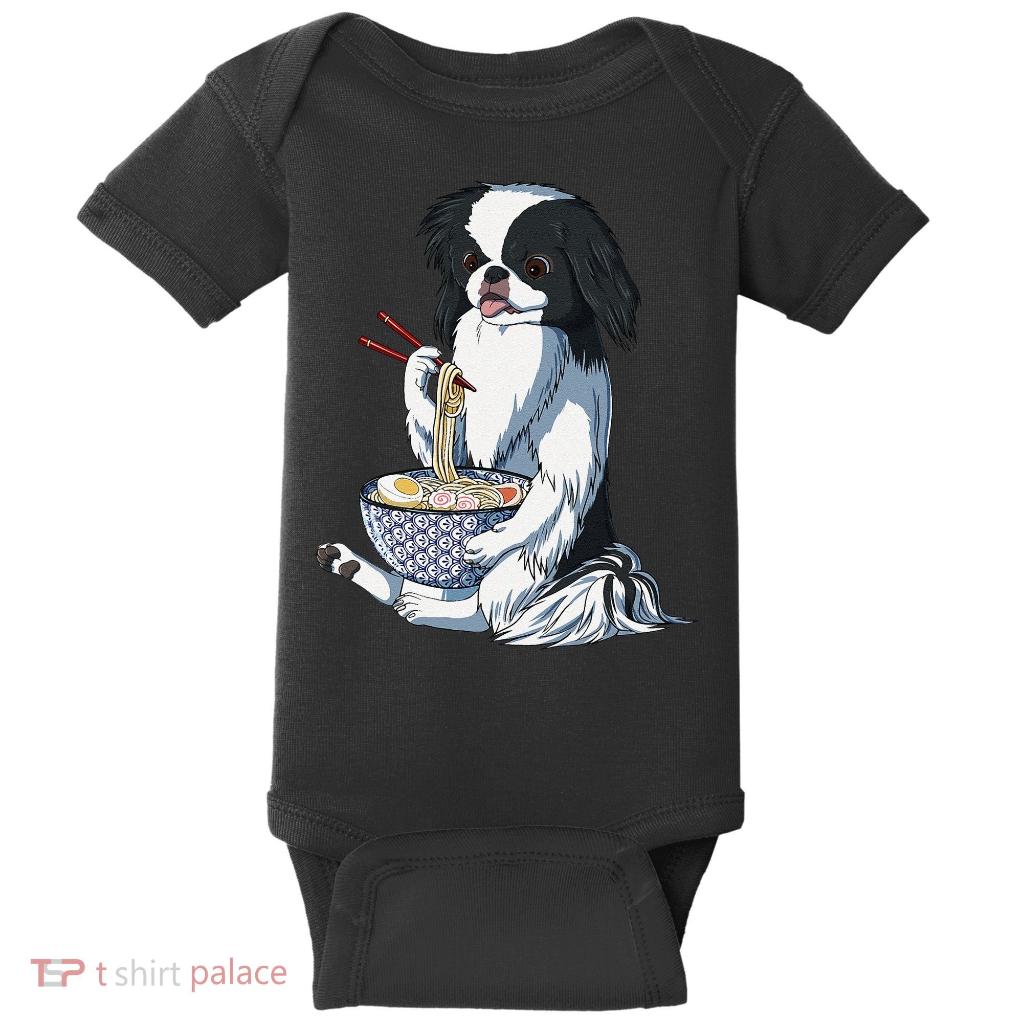 Funny Kawaii Dog Eats Ramen Noodles Japanese Chin Baby Bodysuit