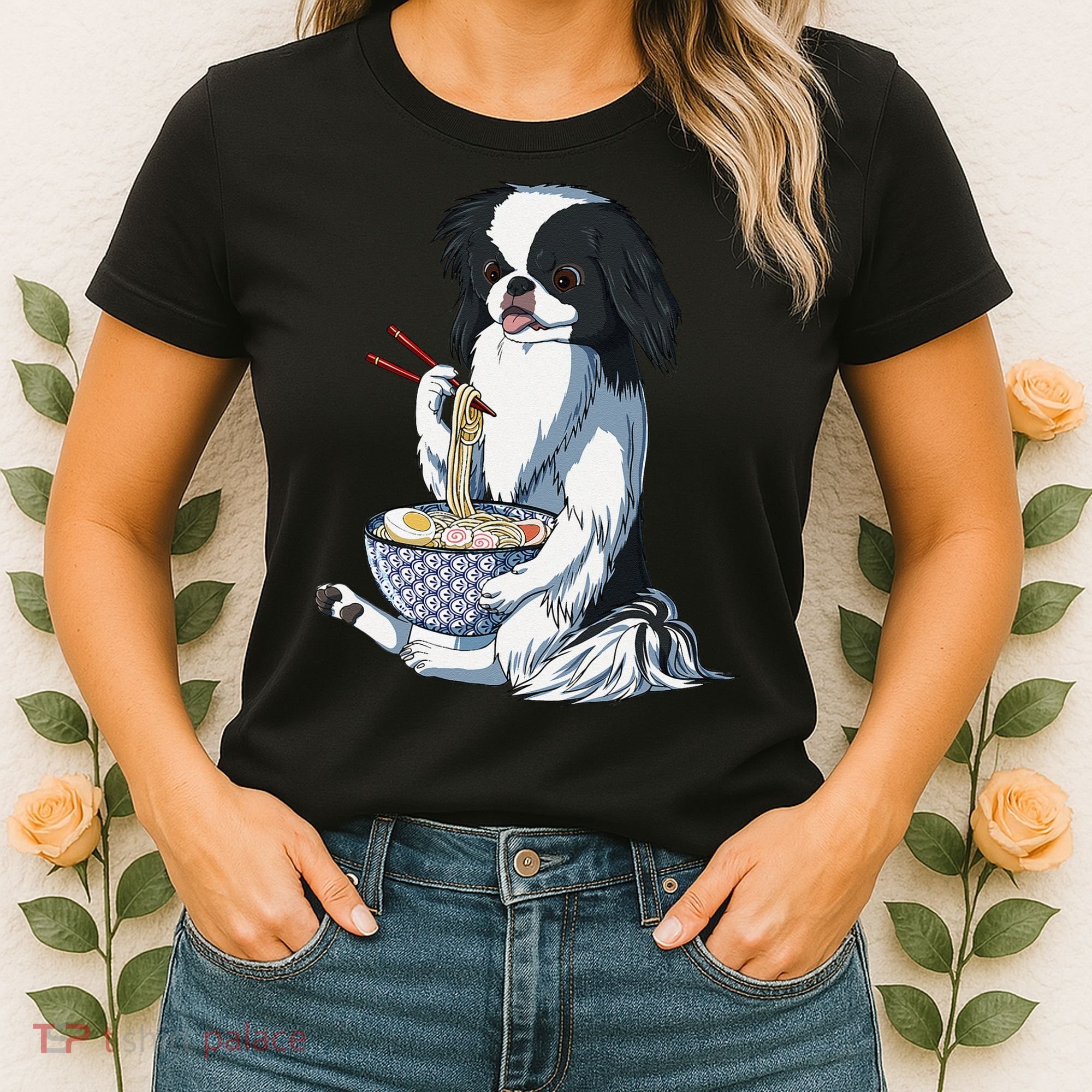Funny Kawaii Dog Eats Ramen Noodles Japanese Chin Women's T-Shirt