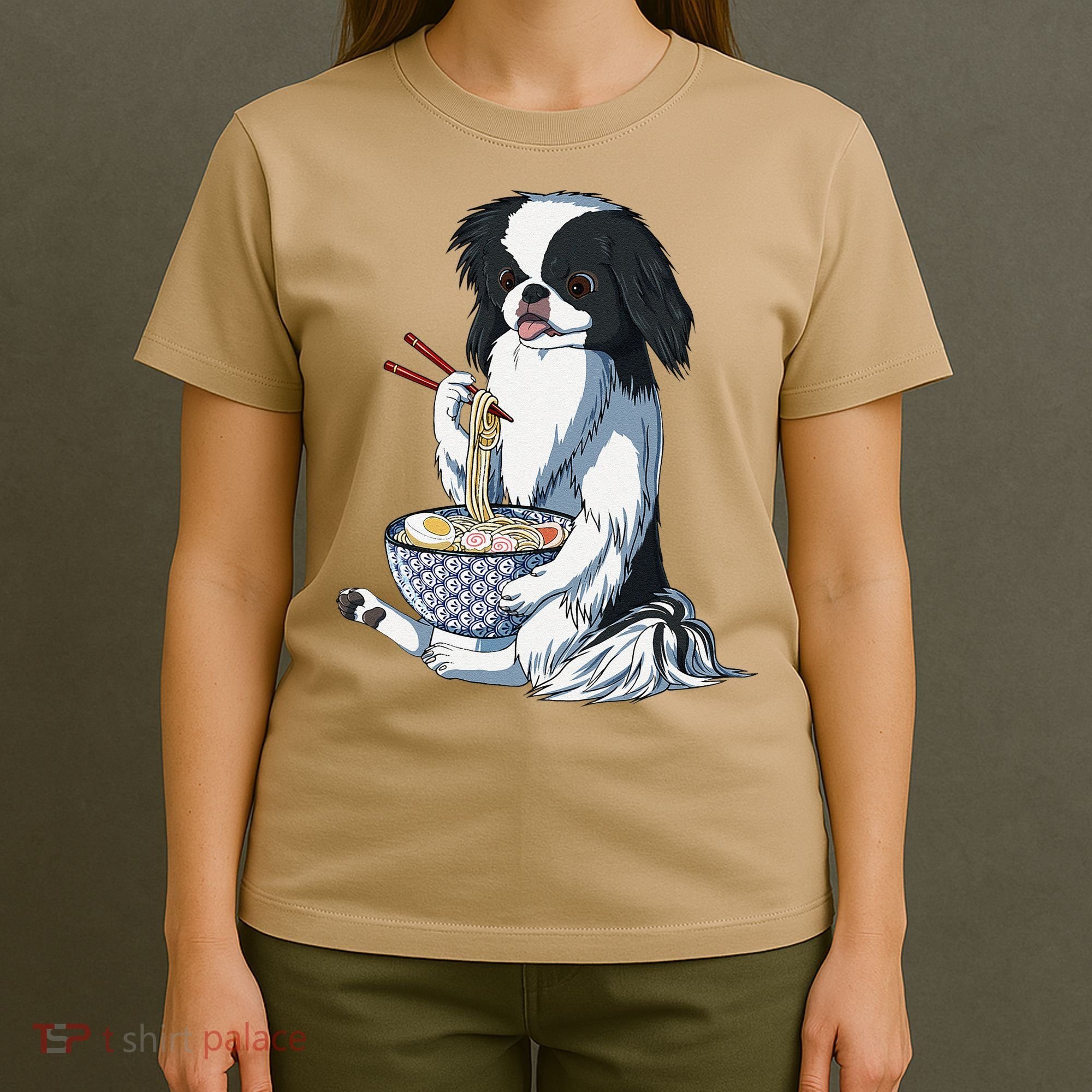 Funny Kawaii Dog Eats Ramen Noodles Japanese Chin T-Shirt