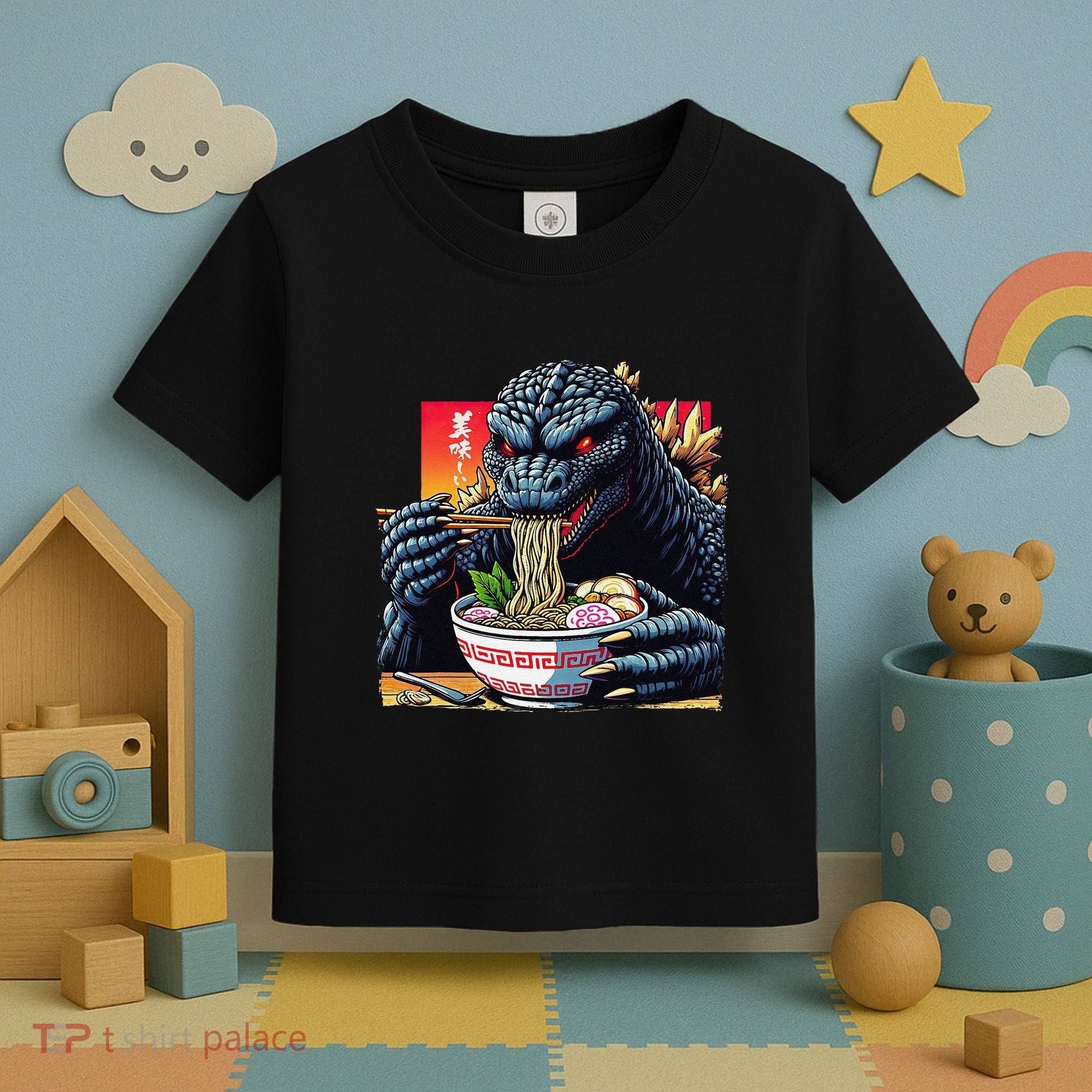 Funny Kaiju Eating Ramen Japanese Monster Lover Birthday Toddler T-Shirt