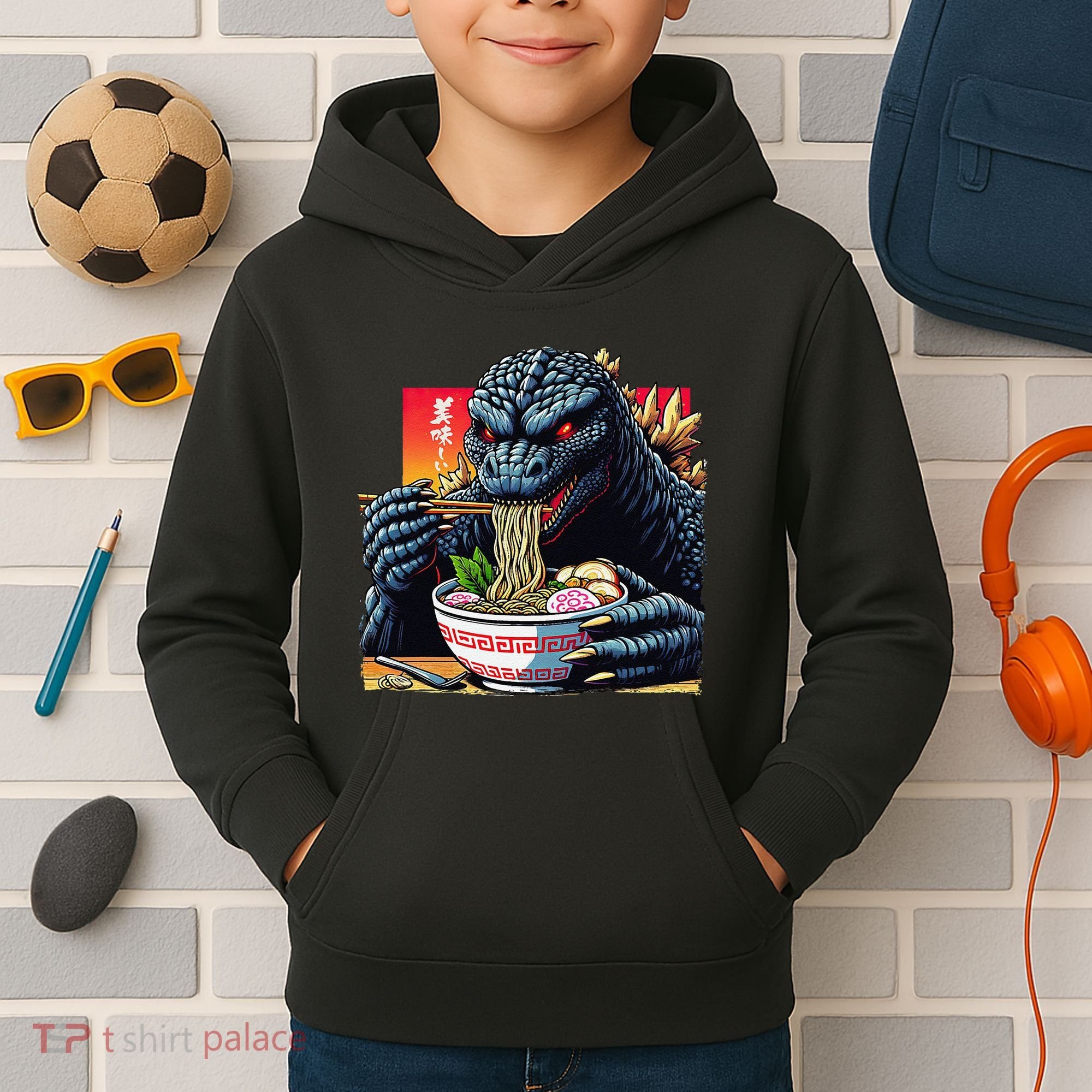 Funny Kaiju Eating Ramen Japanese Monster Lover Birthday Kids Hoodie