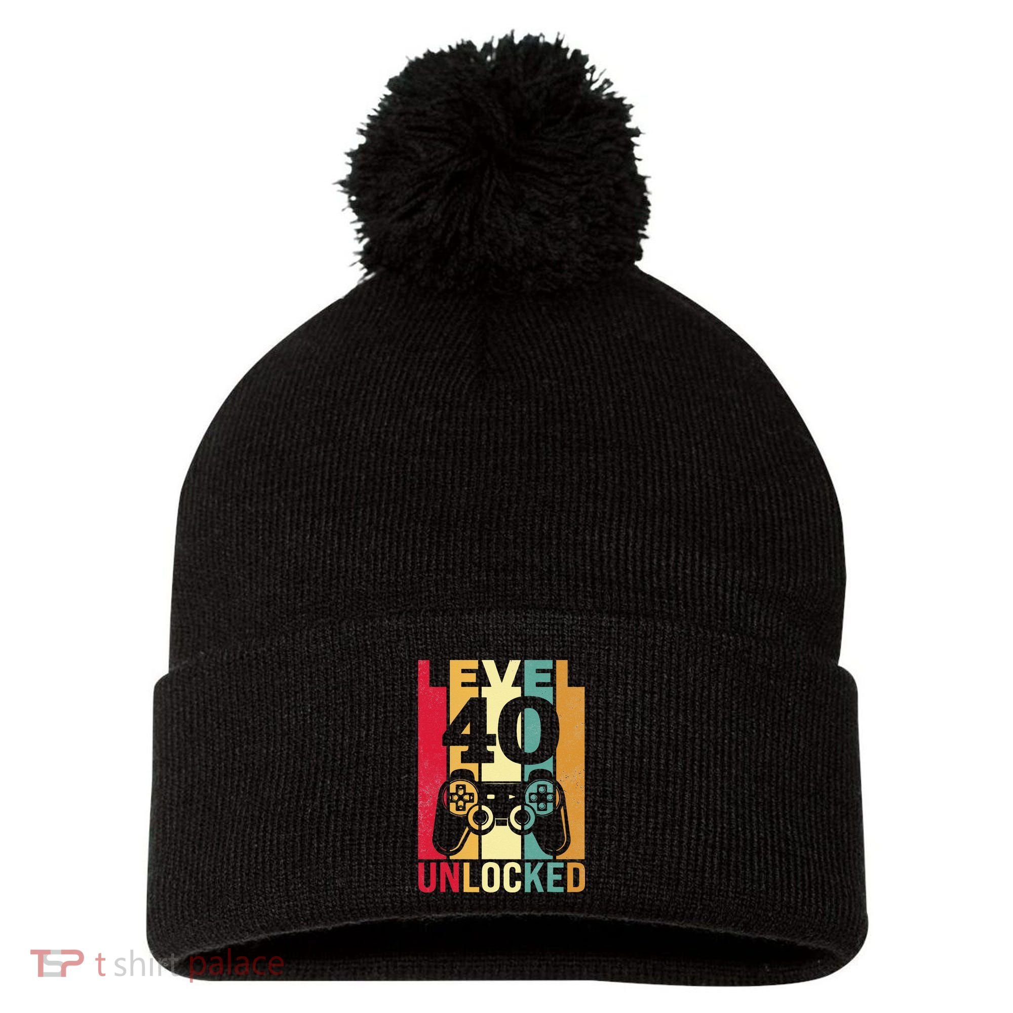 Funny Level 40 Unlocked Him BDay Turning 40th Birthday Pom Pom 12in Knit Beanie
