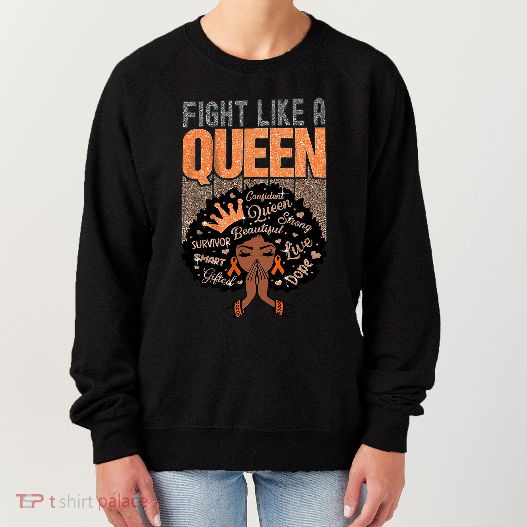 Fight Like A Queen Orange Ribbon Multiple Sclerosis Awareness Black Women Women's Sweatshirt