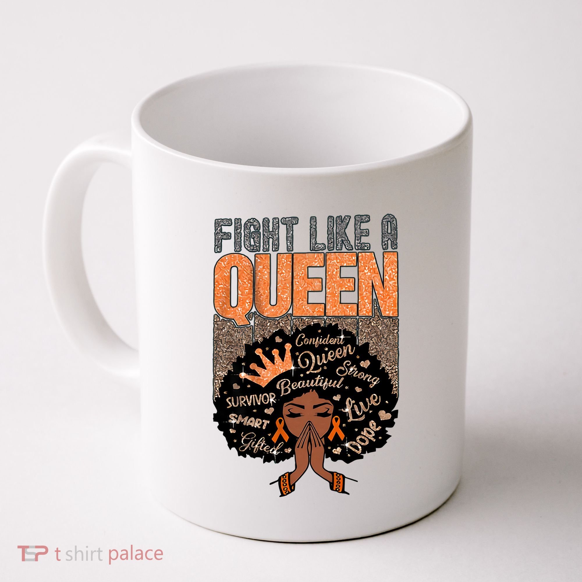 Fight Like A Queen Orange Ribbon Multiple Sclerosis Awareness Black Women Coffee Mug