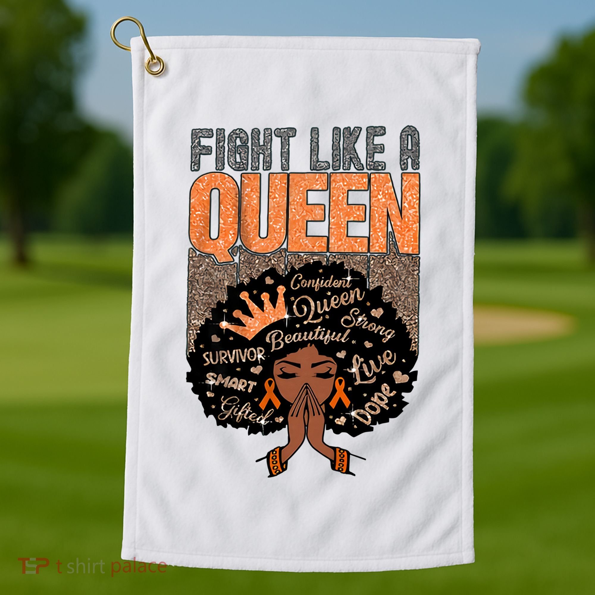Fight Like A Queen Orange Ribbon Multiple Sclerosis Awareness Black Women Golf Towel