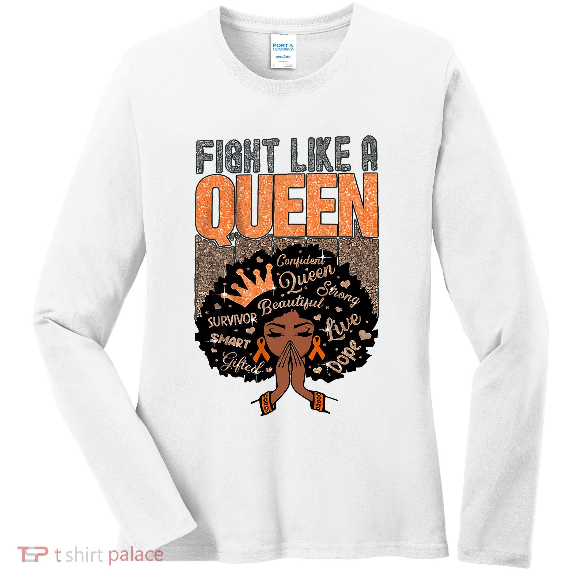 Fight Like A Queen Orange Ribbon Multiple Sclerosis Awareness Black Women Women's Long Sleeve Shirt