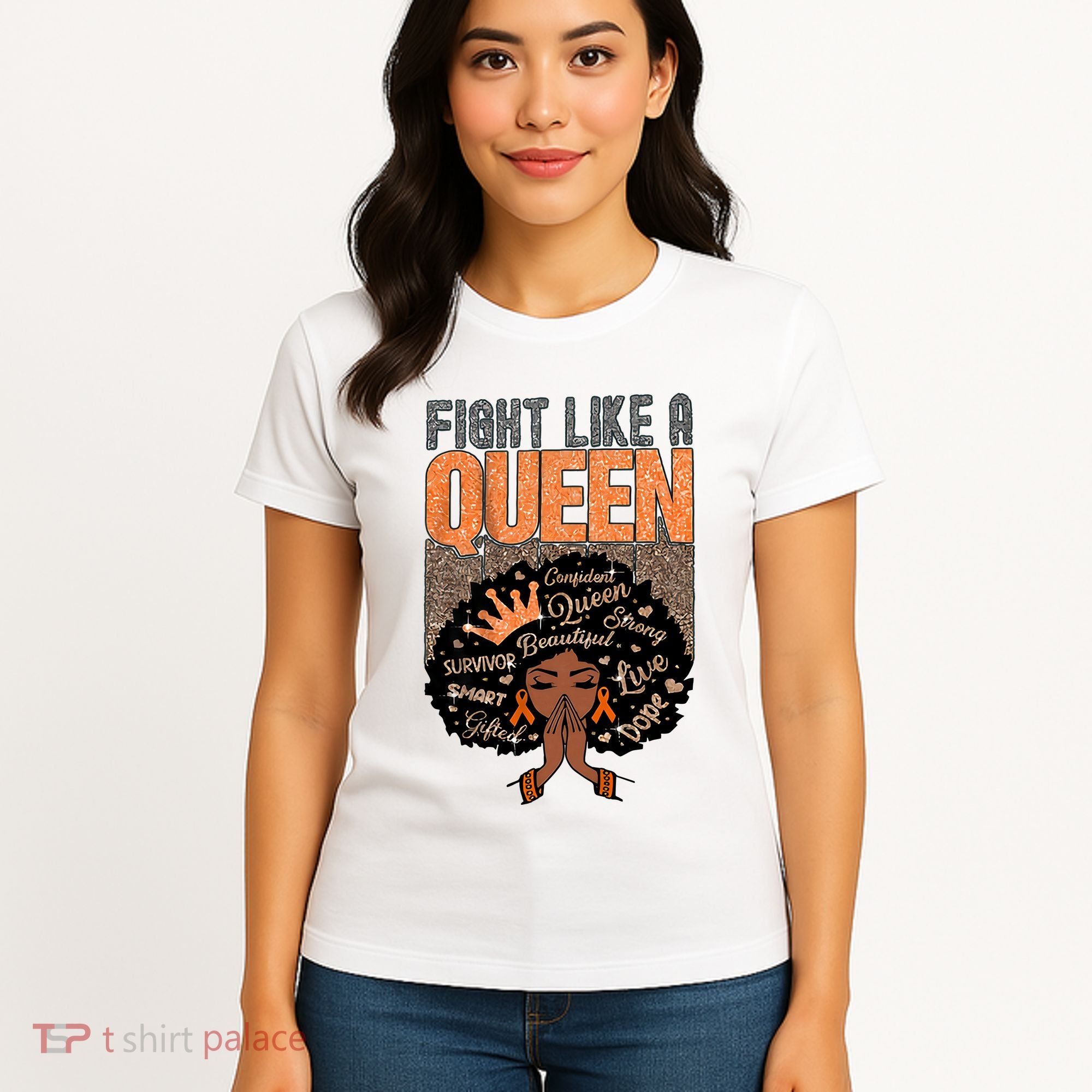 Fight Like A Queen Orange Ribbon Multiple Sclerosis Awareness Black Women Women's T-Shirt