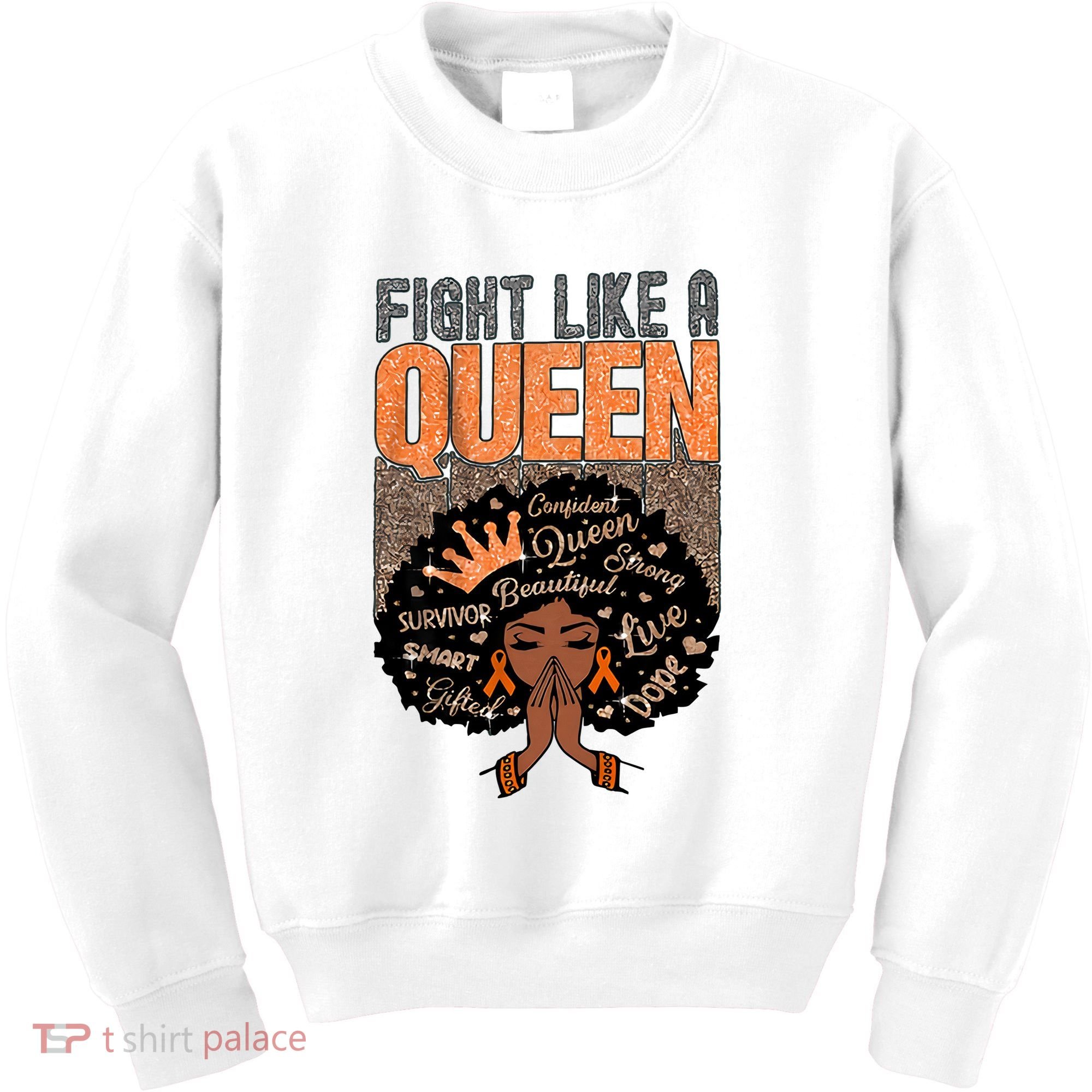 Fight Like A Queen Orange Ribbon Multiple Sclerosis Awareness Black Women Kids Sweatshirt
