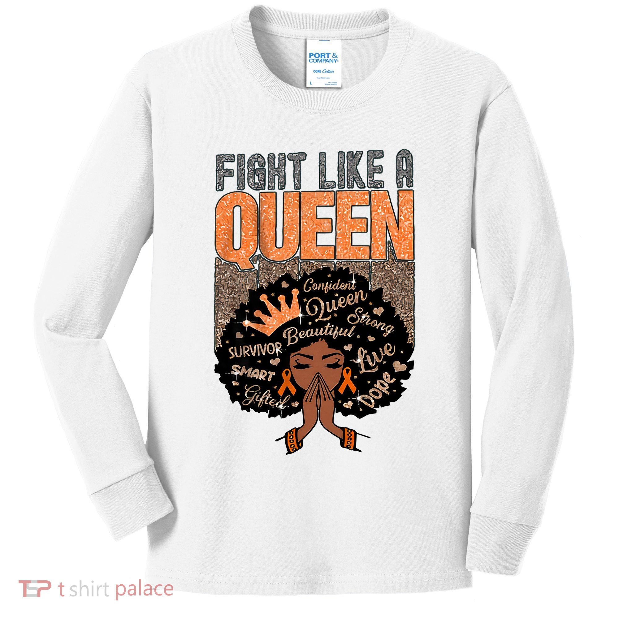 Fight Like A Queen Orange Ribbon Multiple Sclerosis Awareness Black Women Kids Long Sleeve Shirt
