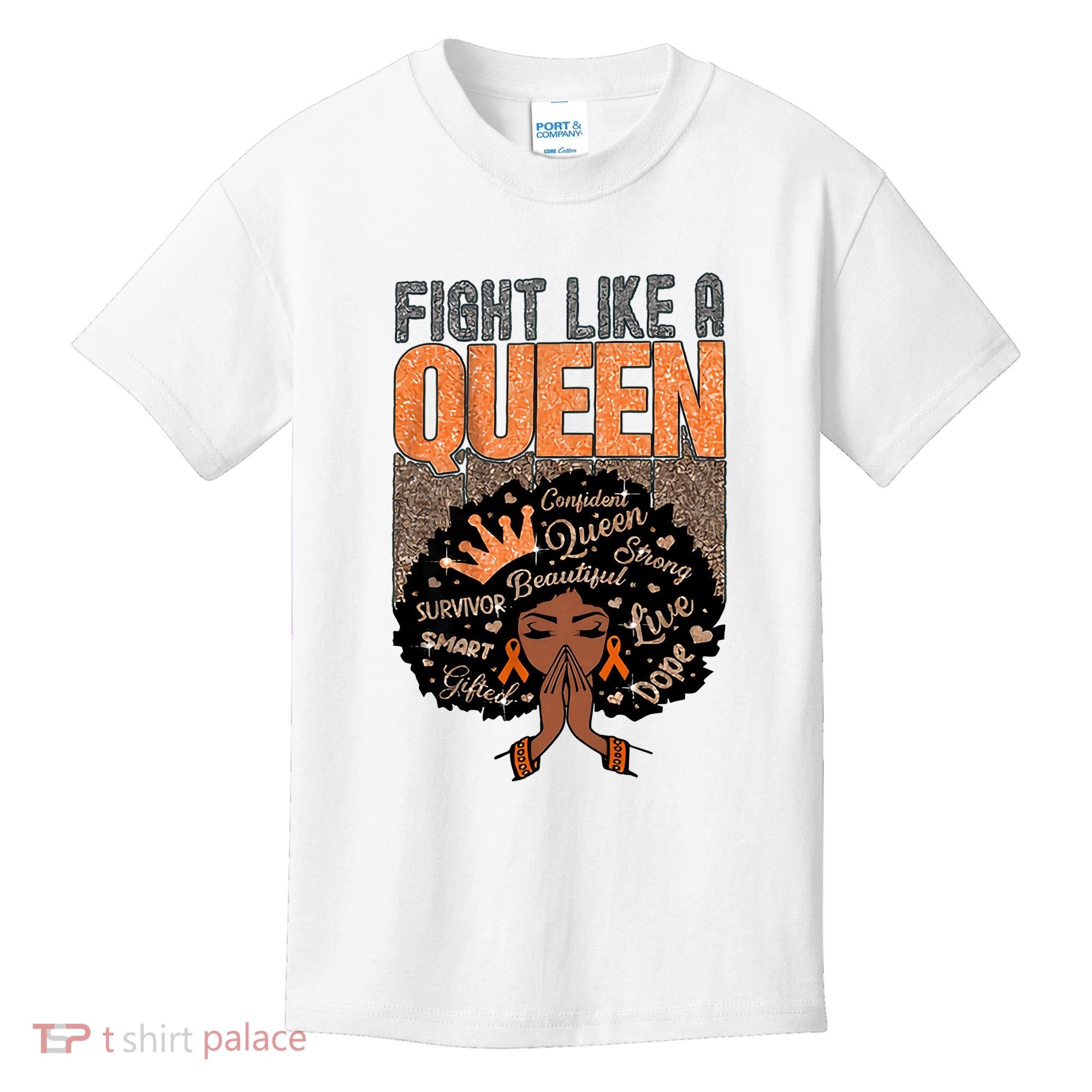 Fight Like A Queen Orange Ribbon Multiple Sclerosis Awareness Black Women Kids T-Shirt