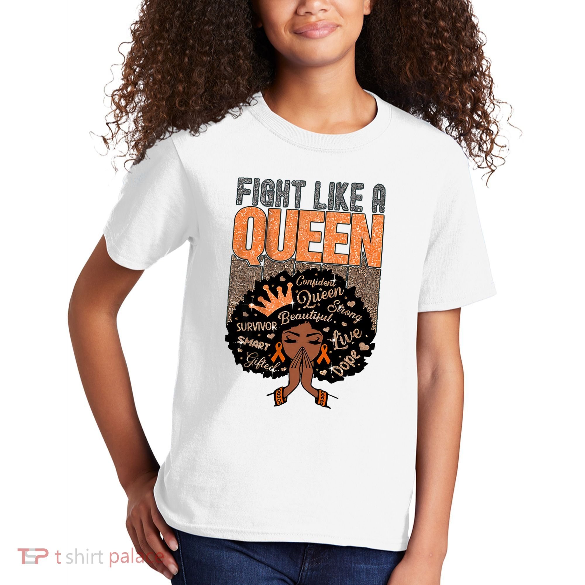 Fight Like A Queen Orange Ribbon Multiple Sclerosis Awareness Black Women Kids T-Shirt