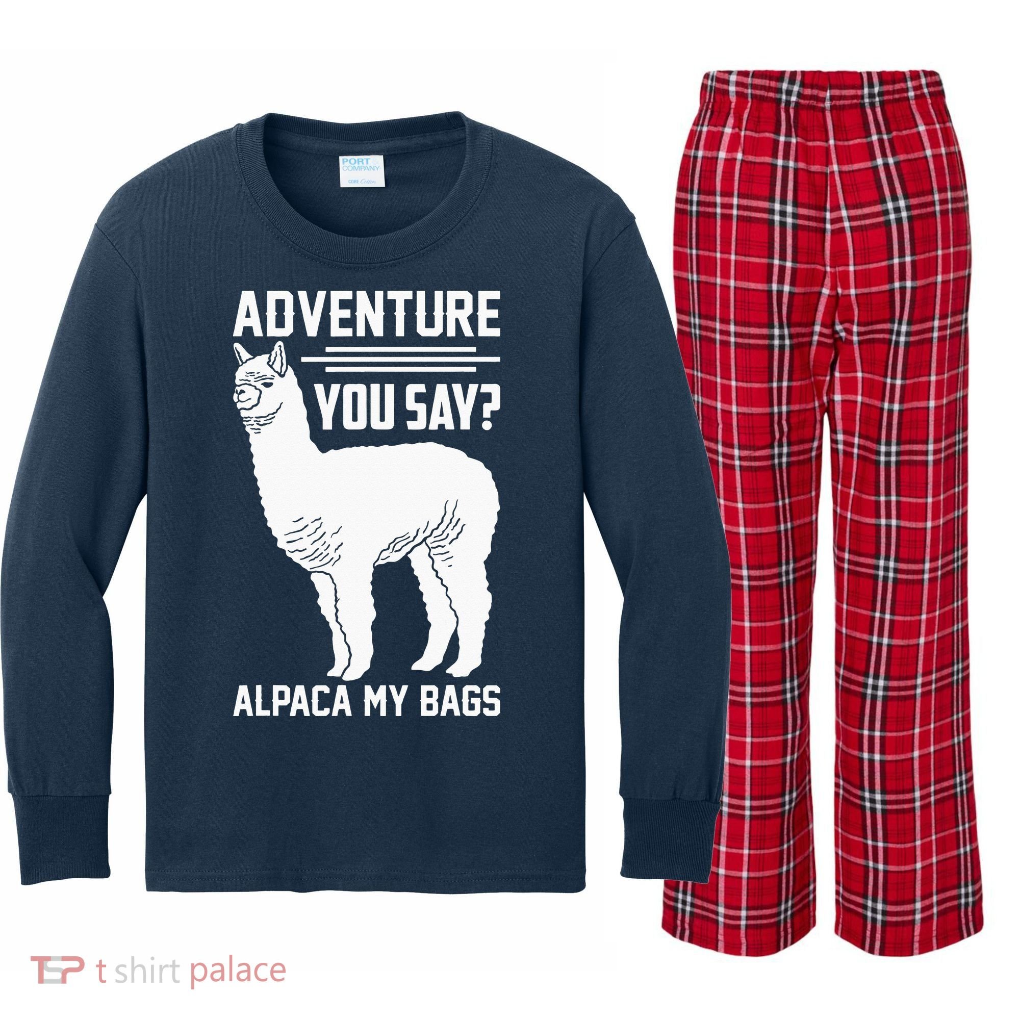 Funny Llama Adventure Alpaca My Bags Travel Kids Long Sleeve Plaid Pajama Set