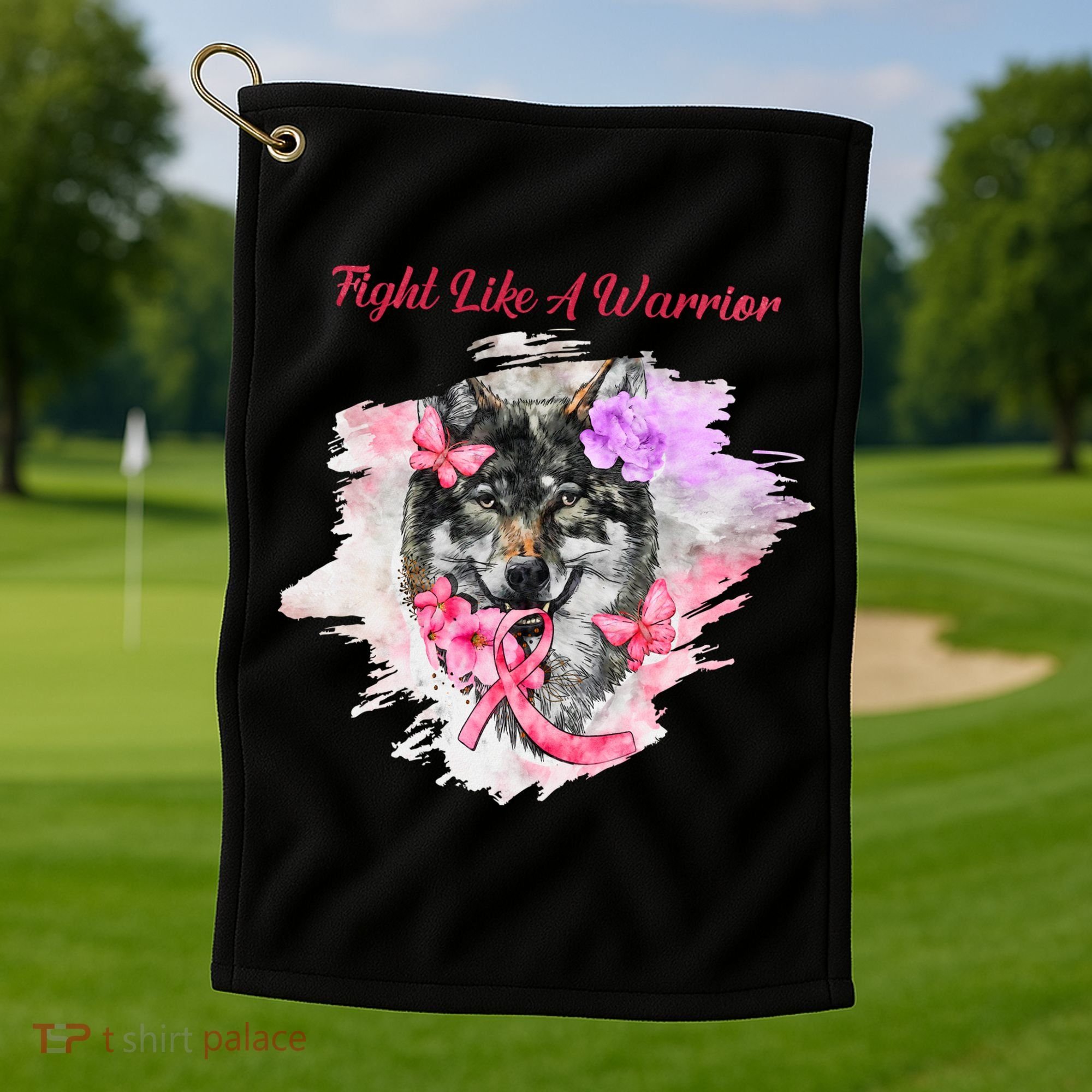 Fight Like A Warrior Wolf Pink Ribbon Breast Cancer Golf Towel
