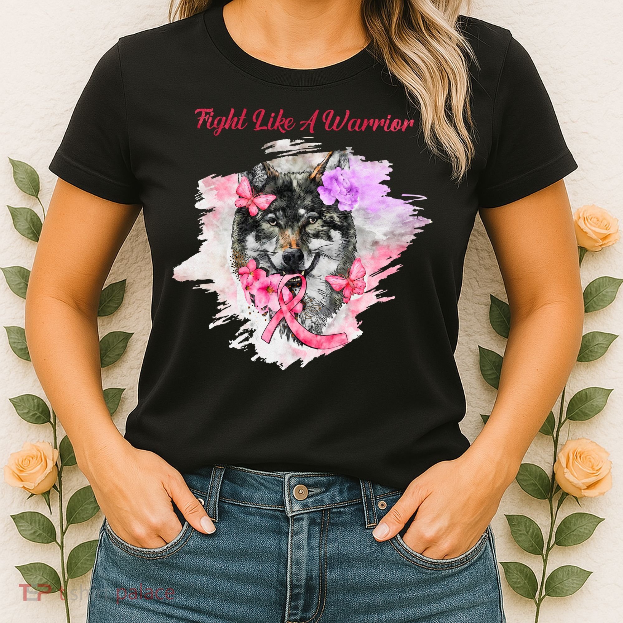 Fight Like A Warrior Wolf Pink Ribbon Breast Cancer Women's T-Shirt
