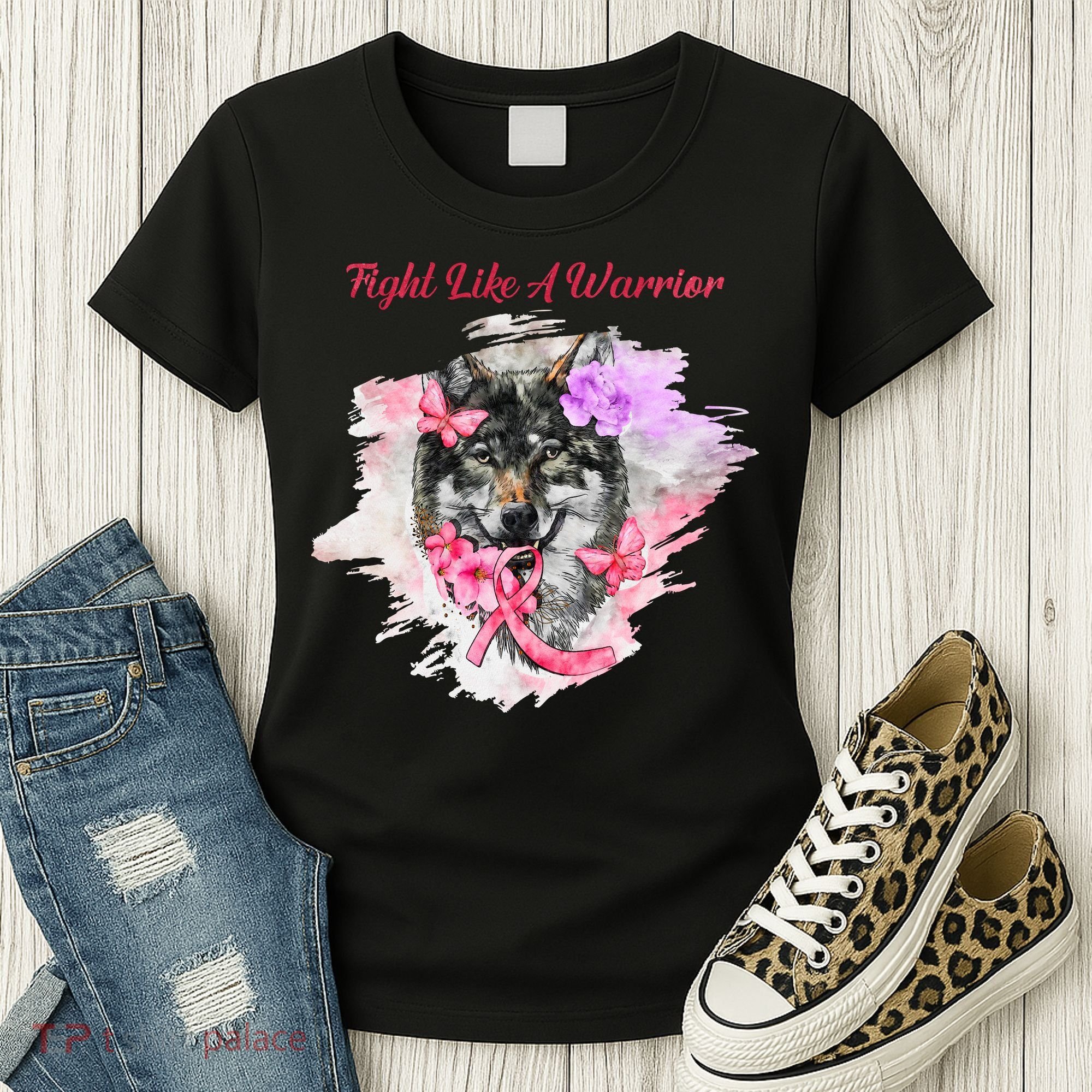 Fight Like A Warrior Wolf Pink Ribbon Breast Cancer Women's T-Shirt