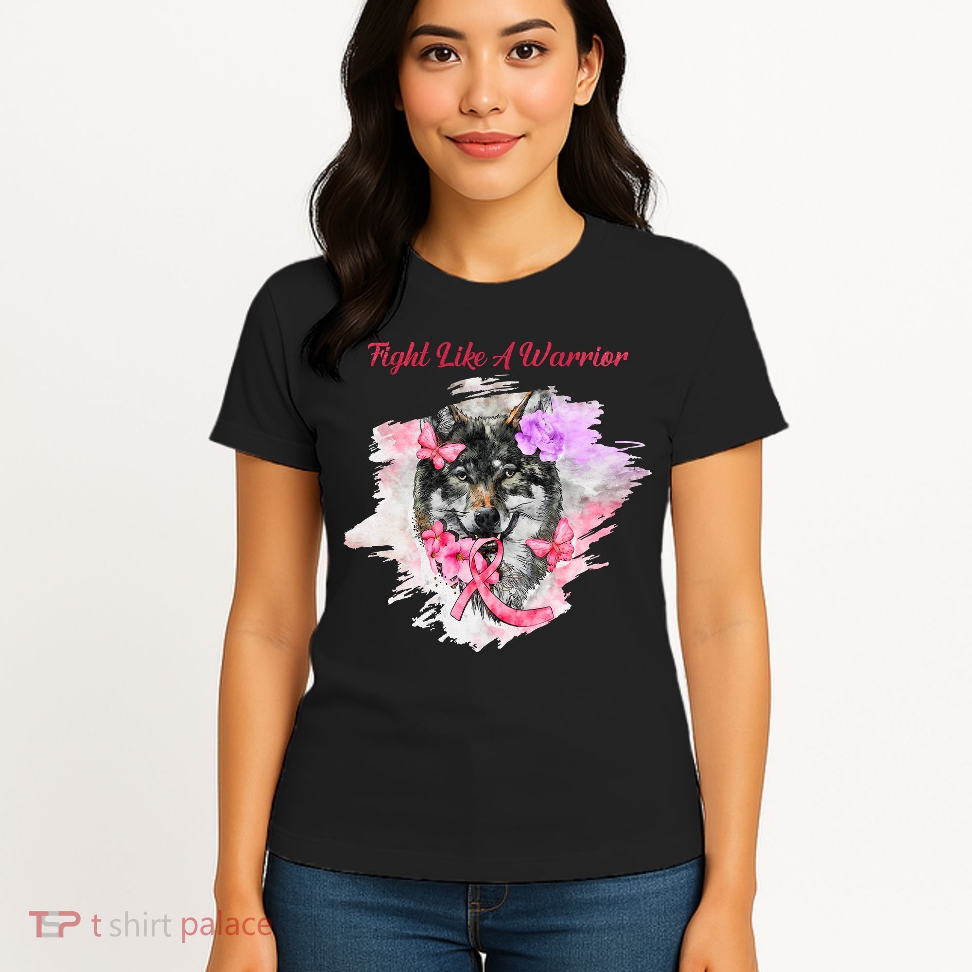 Fight Like A Warrior Wolf Pink Ribbon Breast Cancer Women's T-Shirt