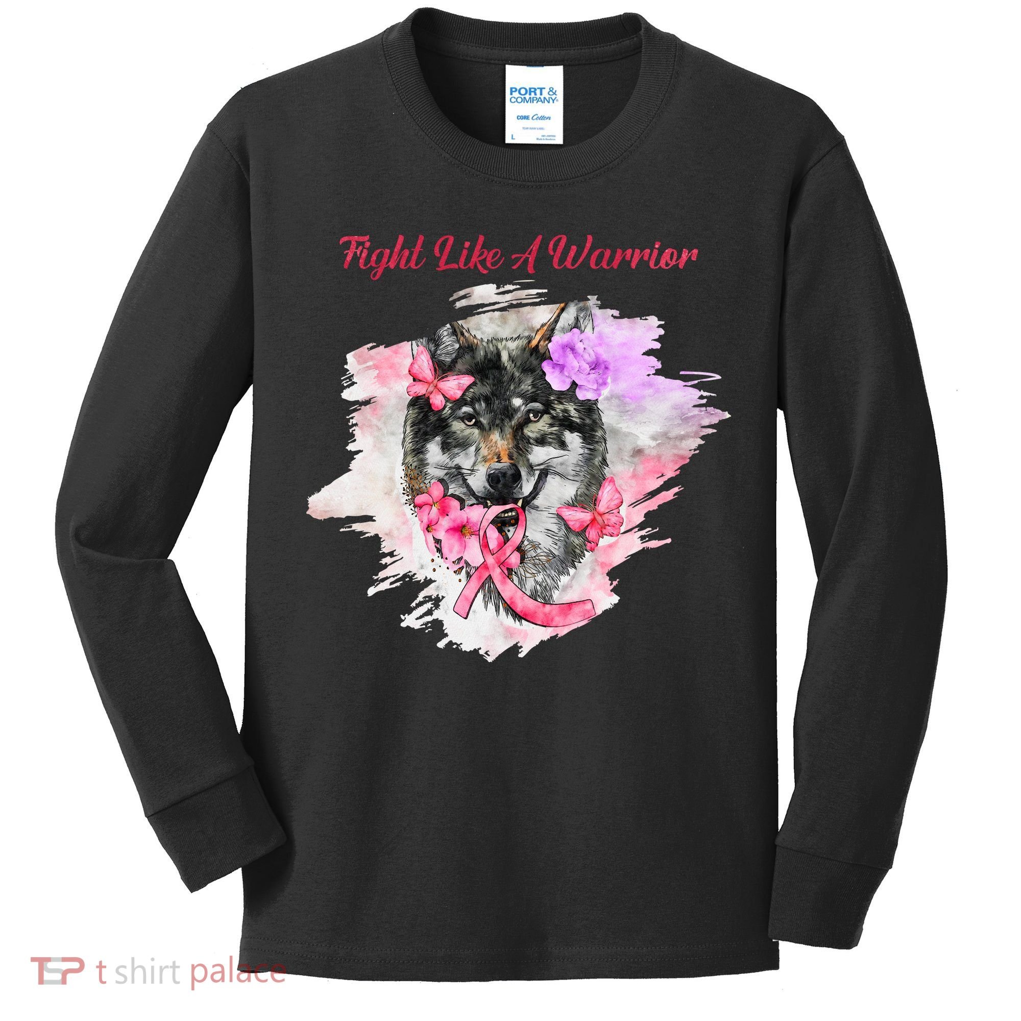 Fight Like A Warrior Wolf Pink Ribbon Breast Cancer Kids Long Sleeve Shirt