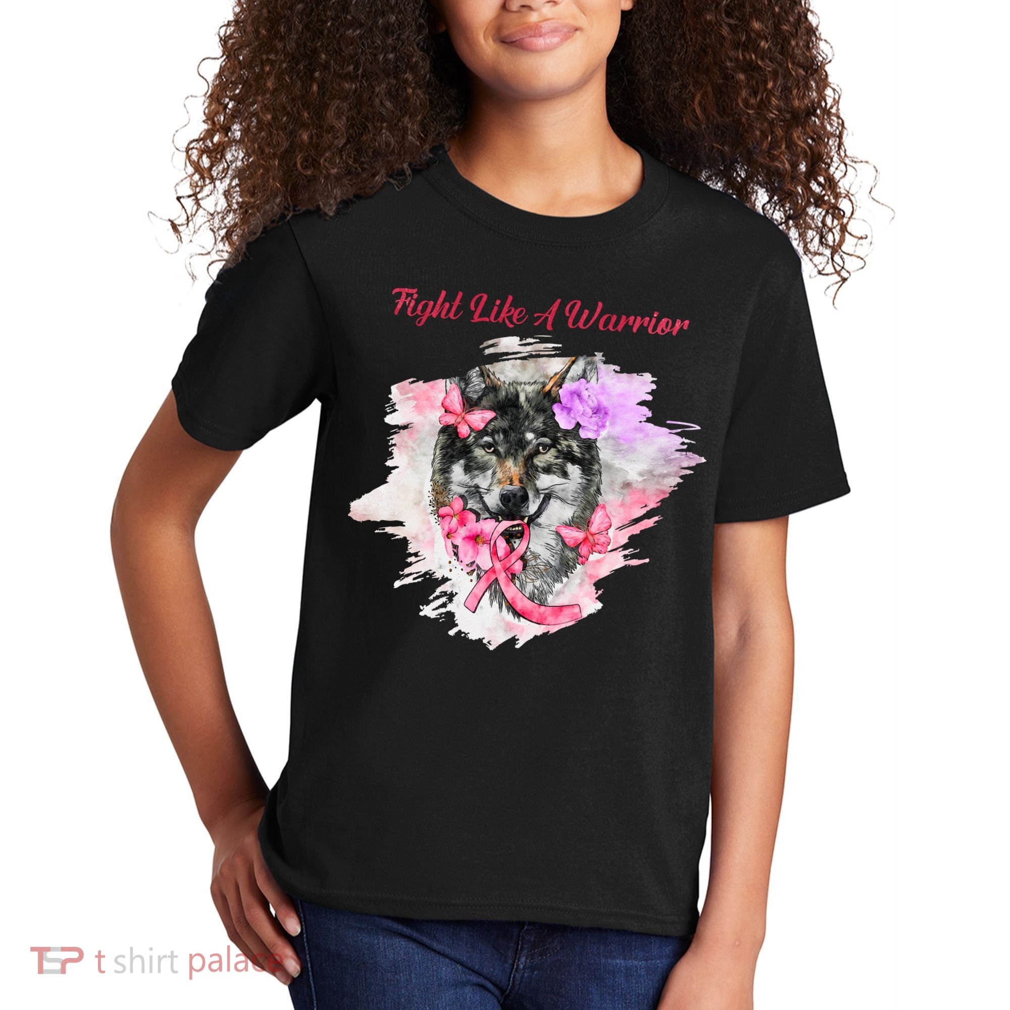 Fight Like A Warrior Wolf Pink Ribbon Breast Cancer Kids T-Shirt