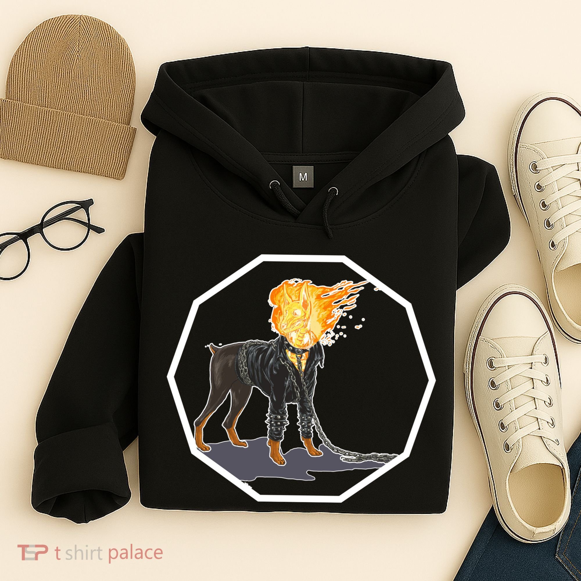 Flaming Ghost Dog On Fire Rider Doggo Hoodie