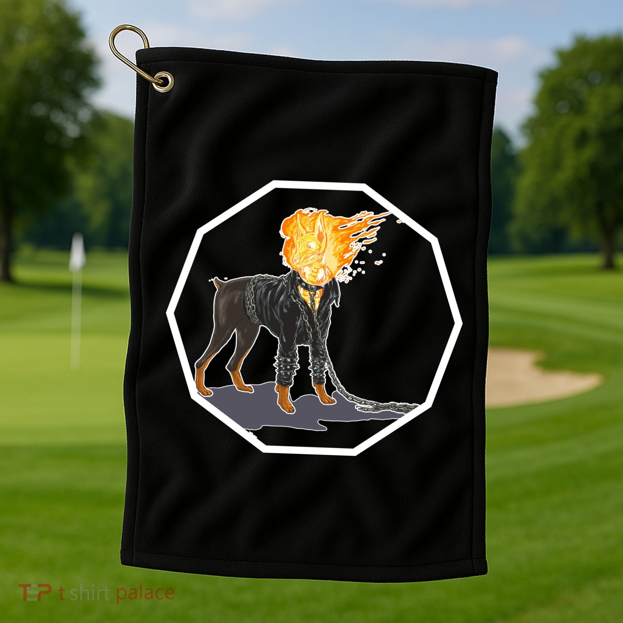 Flaming Ghost Dog On Fire Rider Doggo Golf Towel