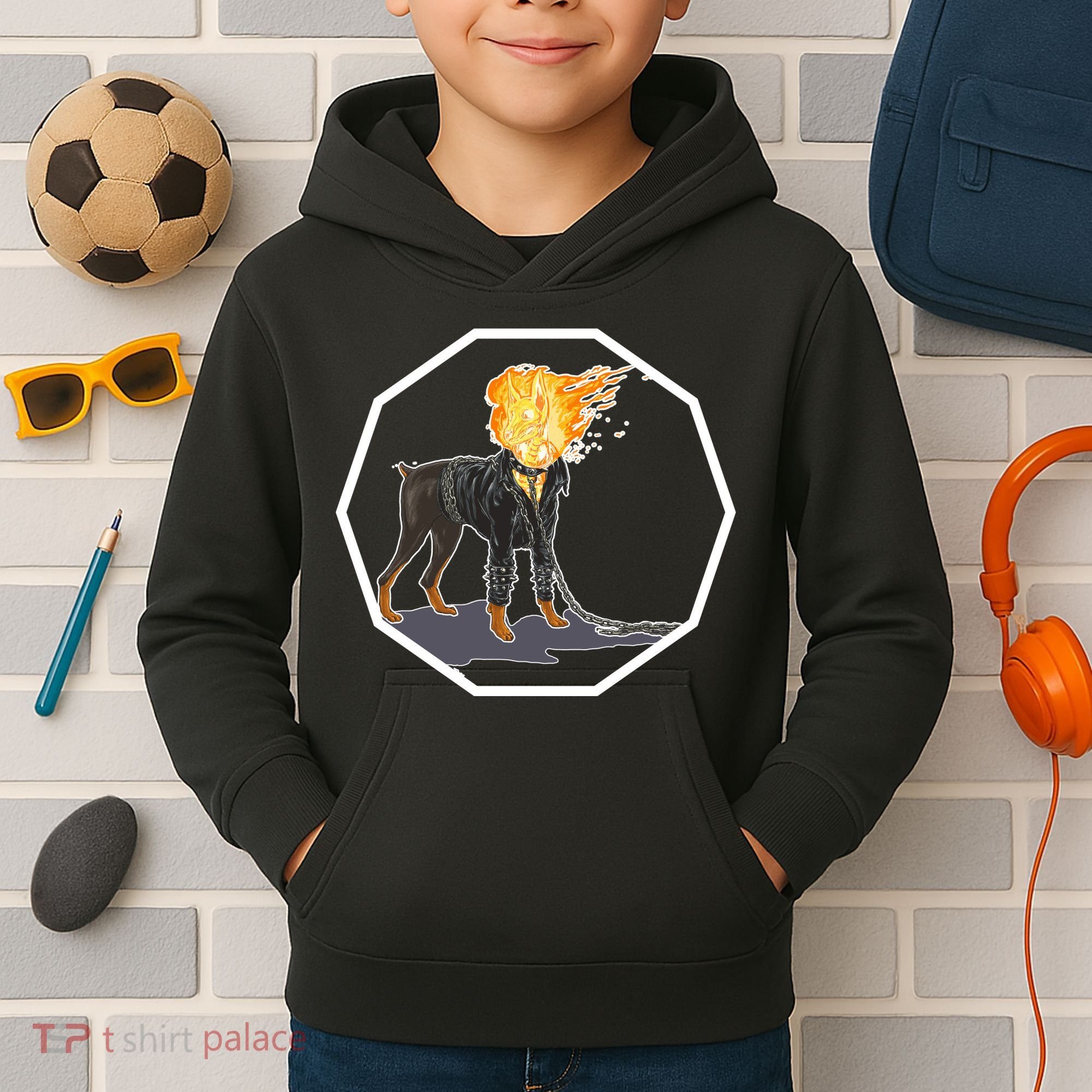 Flaming Ghost Dog On Fire Rider Doggo Kids Hoodie