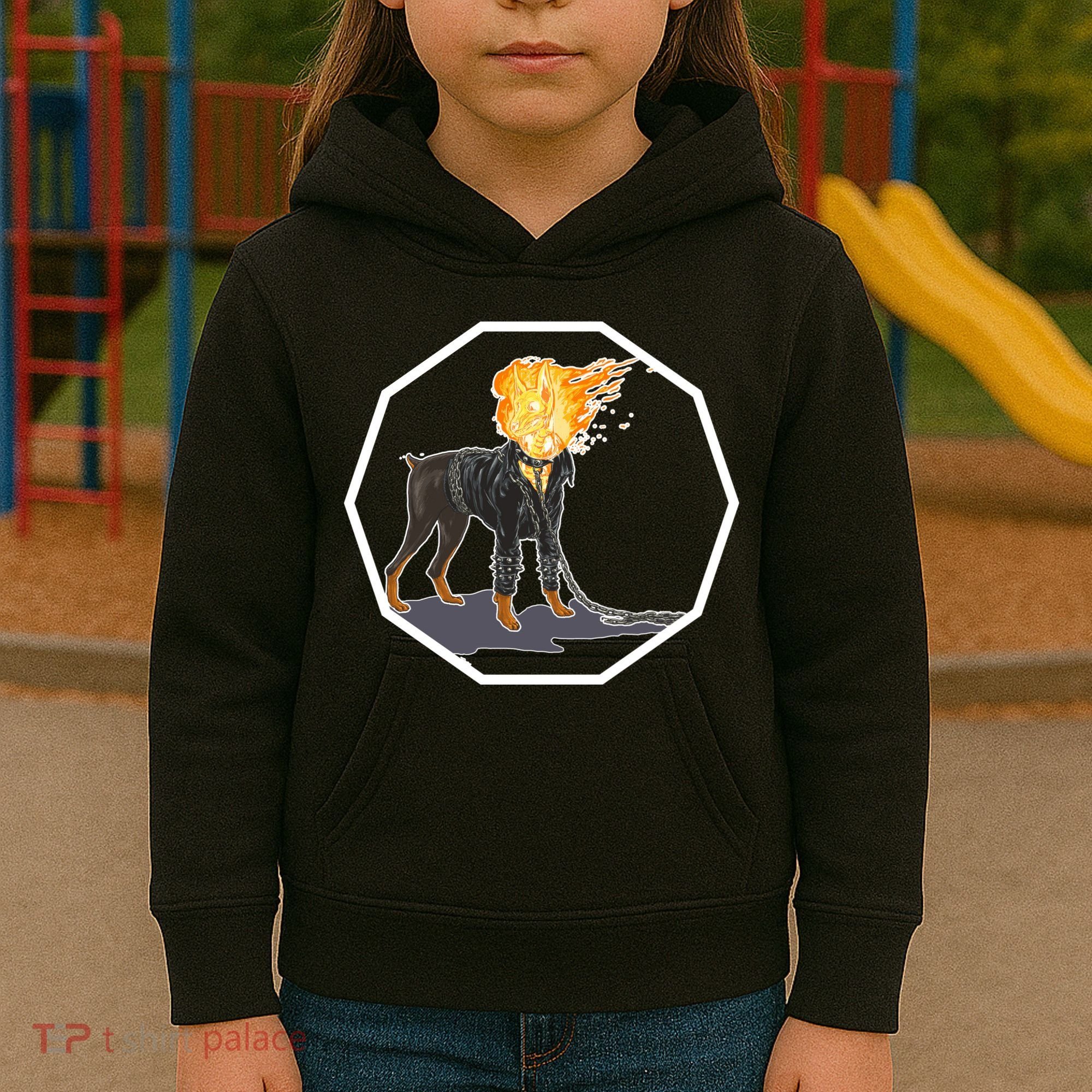 Flaming Ghost Dog On Fire Rider Doggo Kids Hoodie