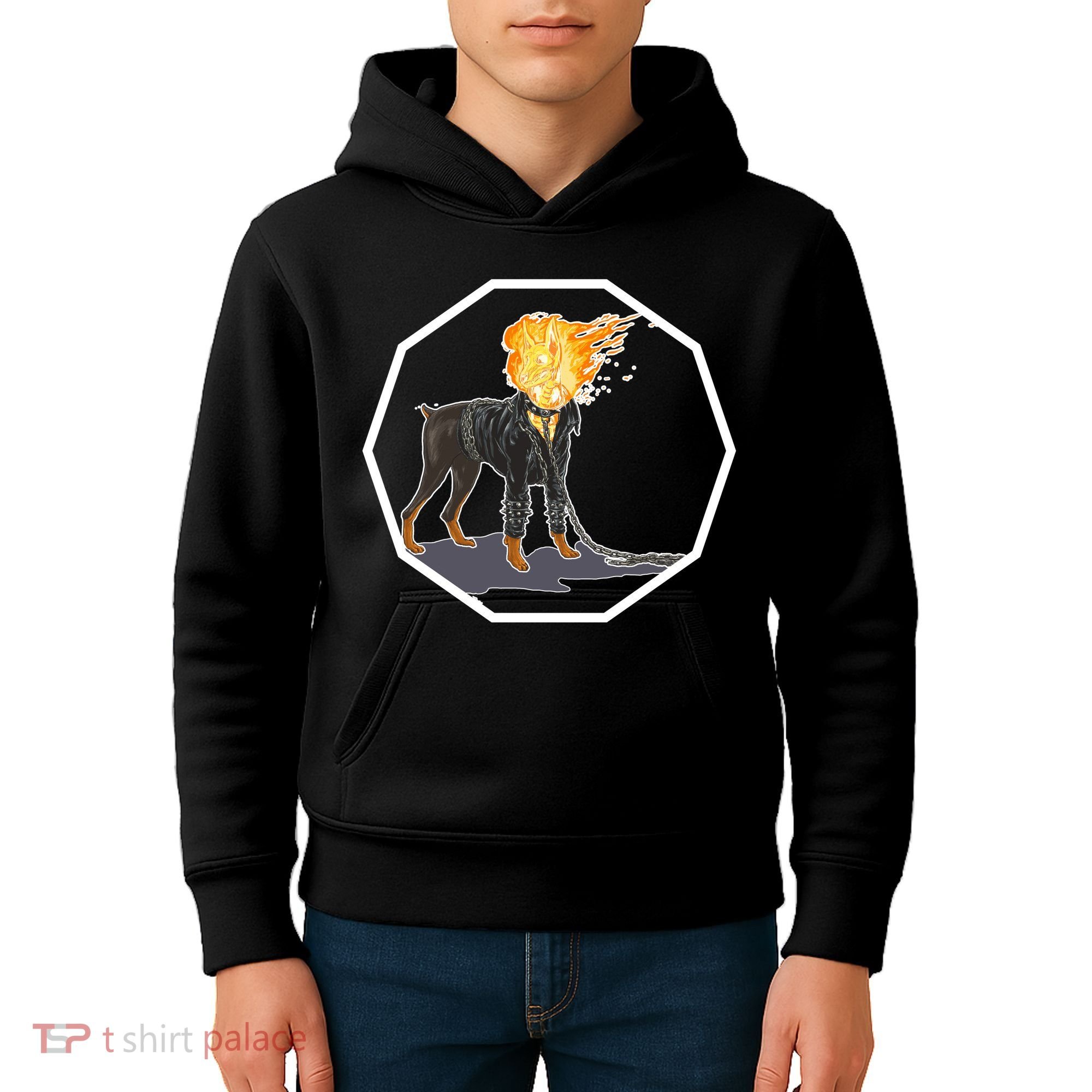 Flaming Ghost Dog On Fire Rider Doggo Kids Hoodie
