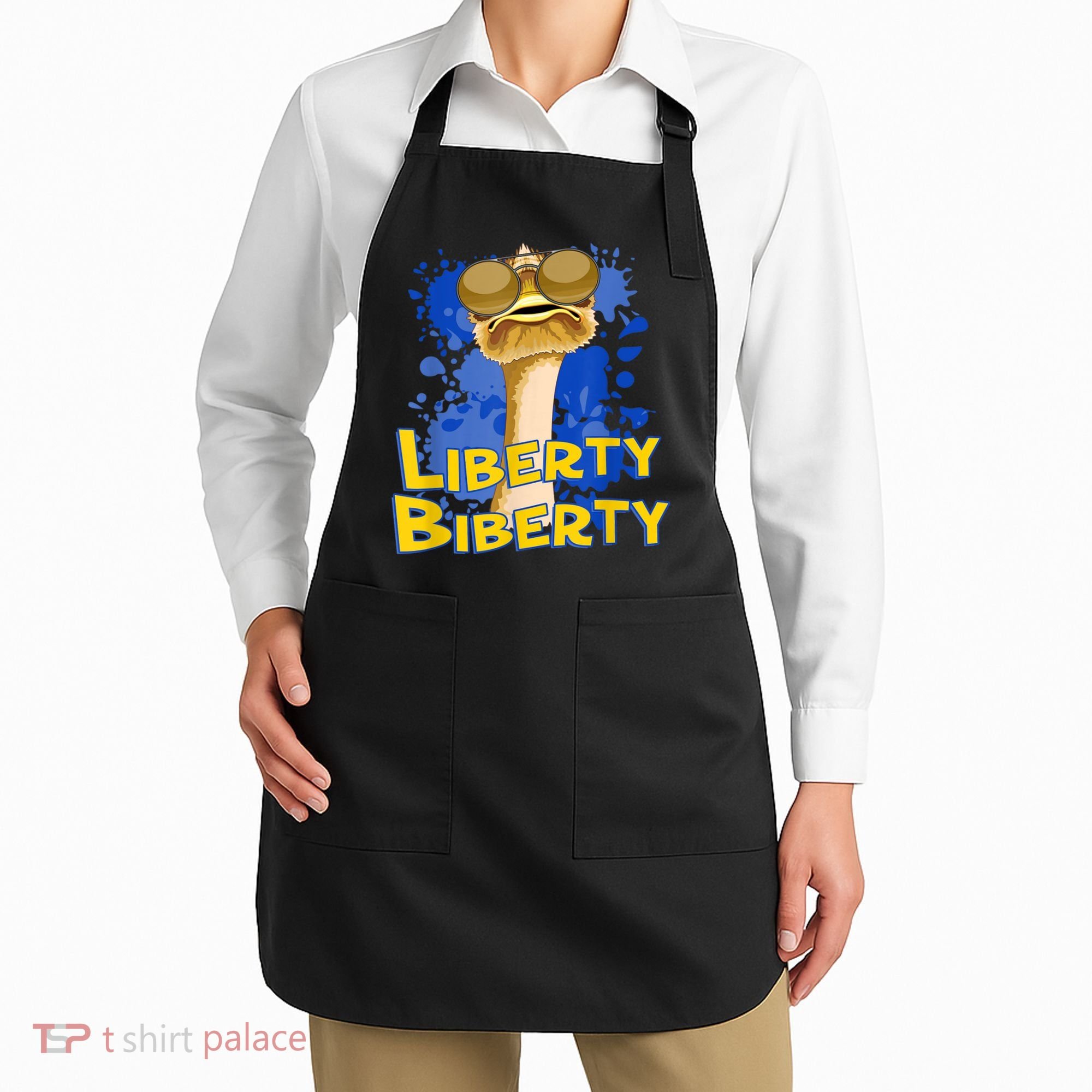 Funny Liberty Biberty Ostrich Sunglasses Humor Blue Apron