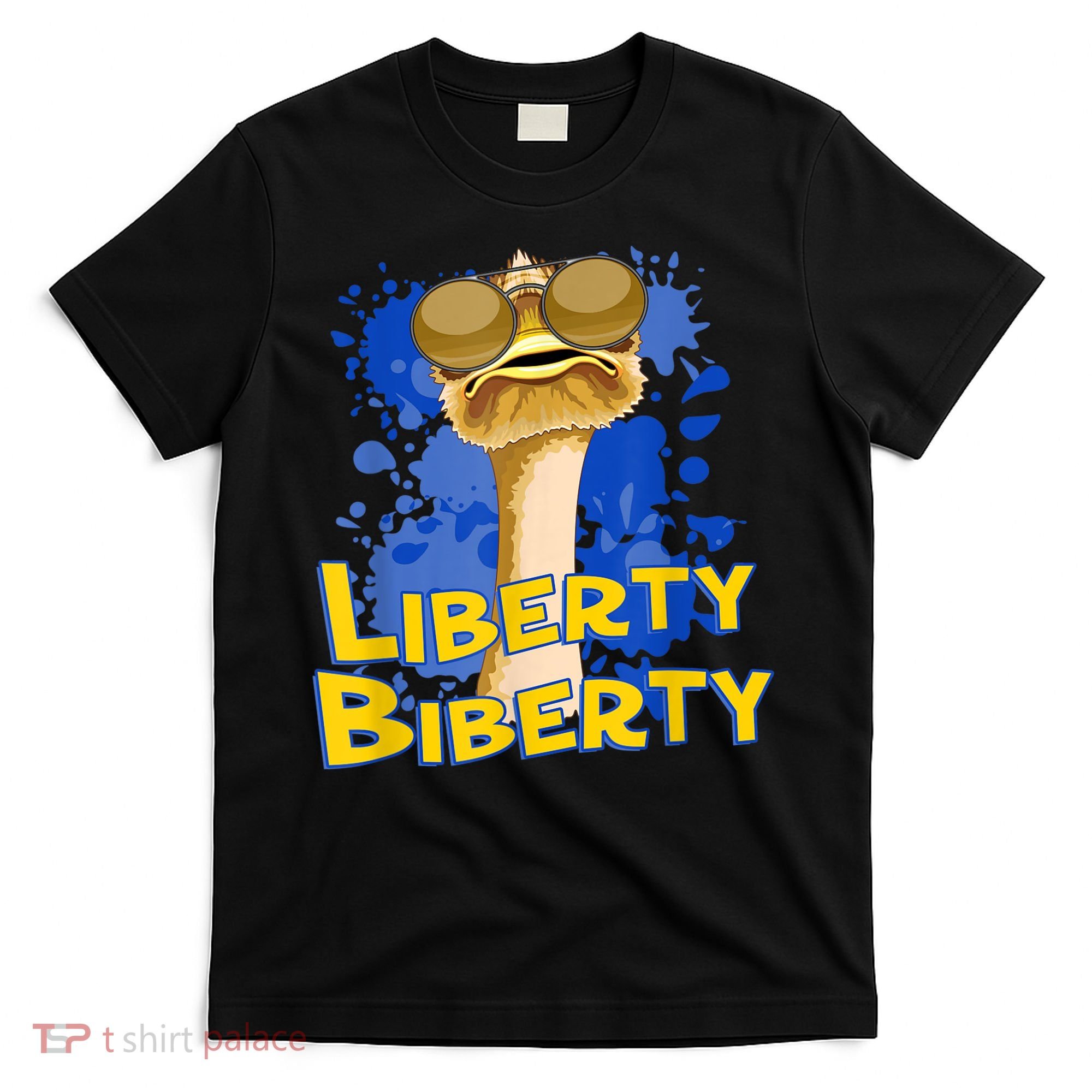 Funny Liberty Biberty Ostrich Sunglasses Humor Blue T-Shirt