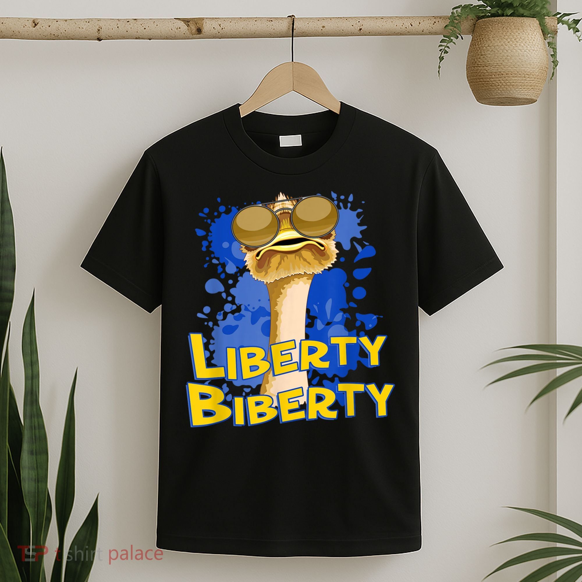 Funny Liberty Biberty Ostrich Sunglasses Humor Blue T-Shirt