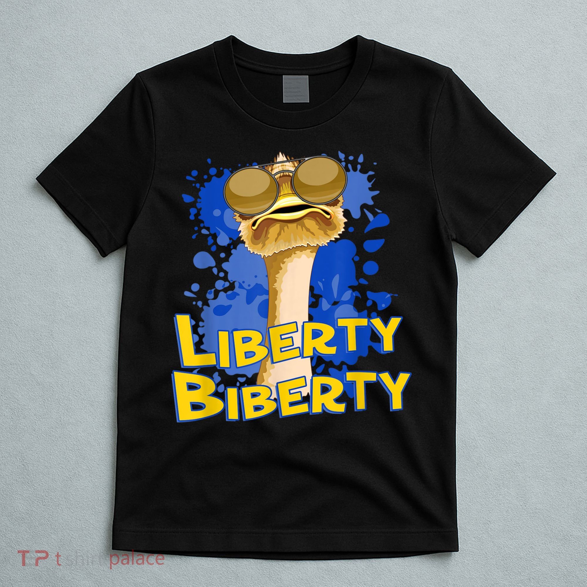 Funny Liberty Biberty Ostrich Sunglasses Humor Blue T-Shirt