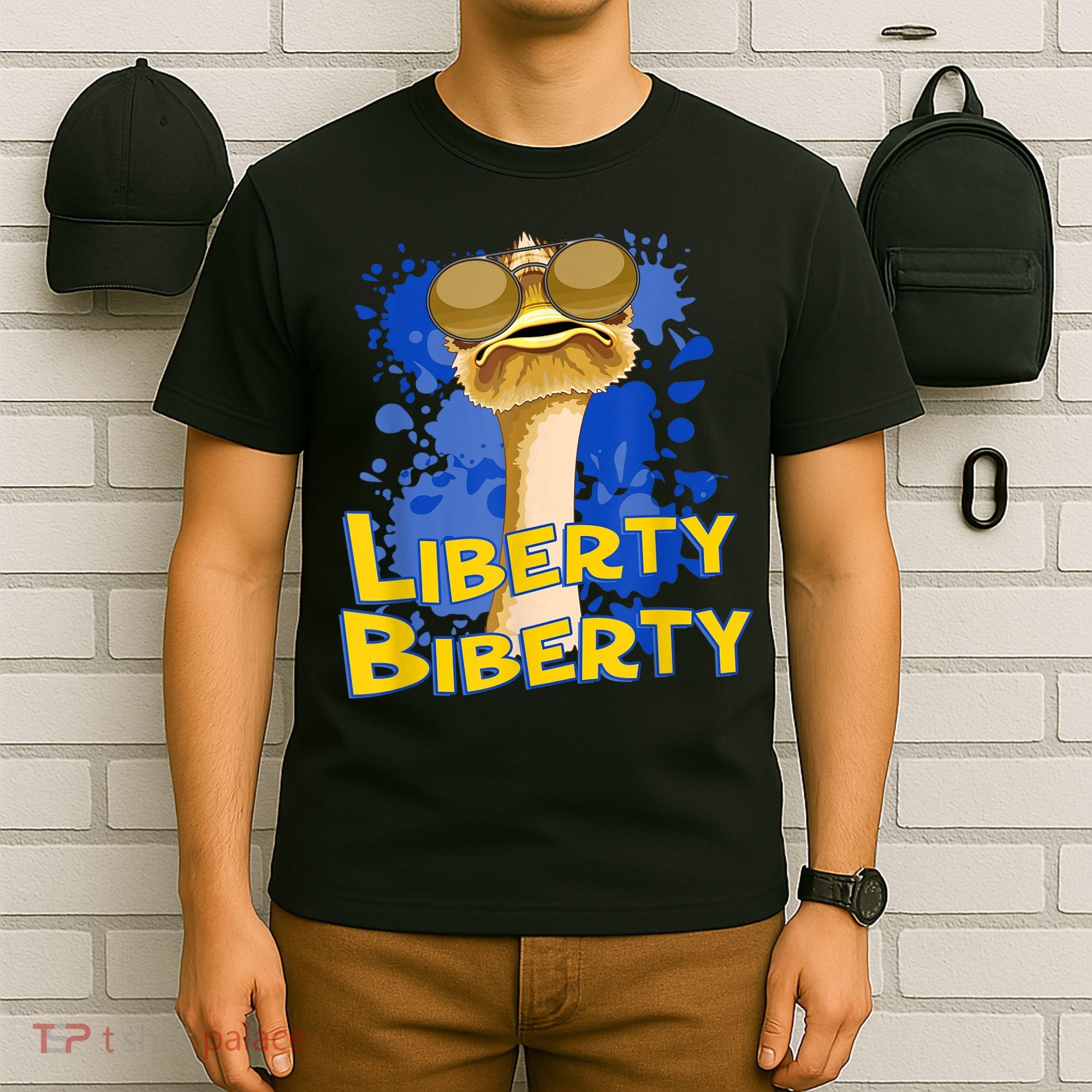 Funny Liberty Biberty Ostrich Sunglasses Humor Blue T-Shirt
