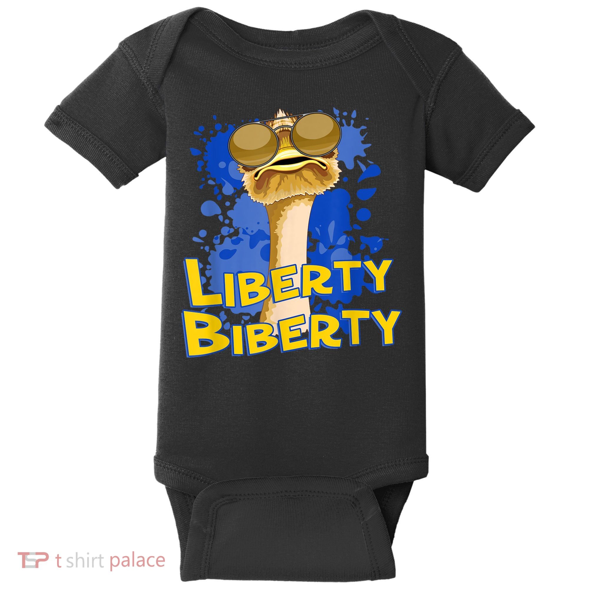 Funny Liberty Biberty Ostrich Sunglasses Humor Blue Baby Bodysuit