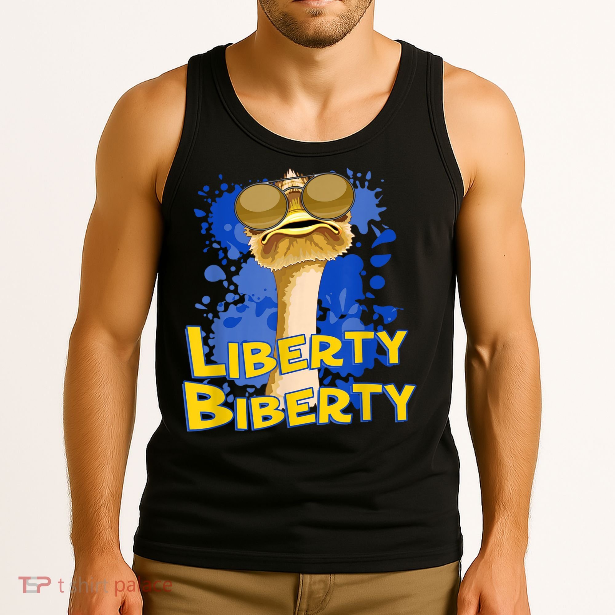 Funny Liberty Biberty Ostrich Sunglasses Humor Blue Tank Top