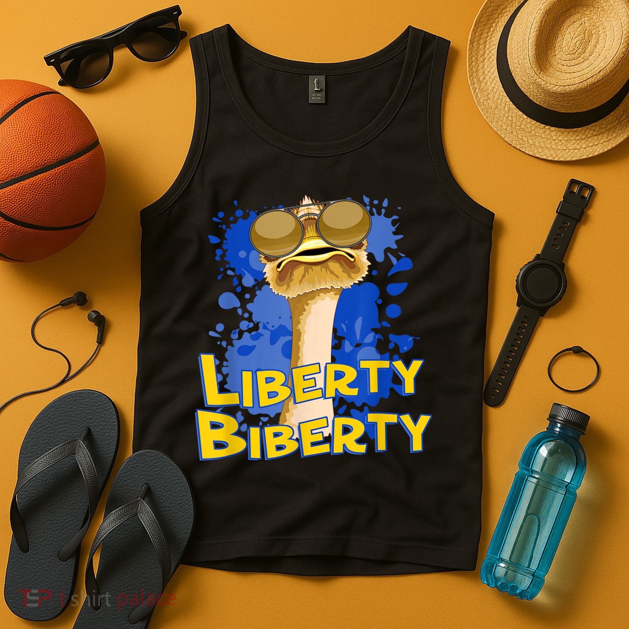 Funny Liberty Biberty Ostrich Sunglasses Humor Blue Tank Top