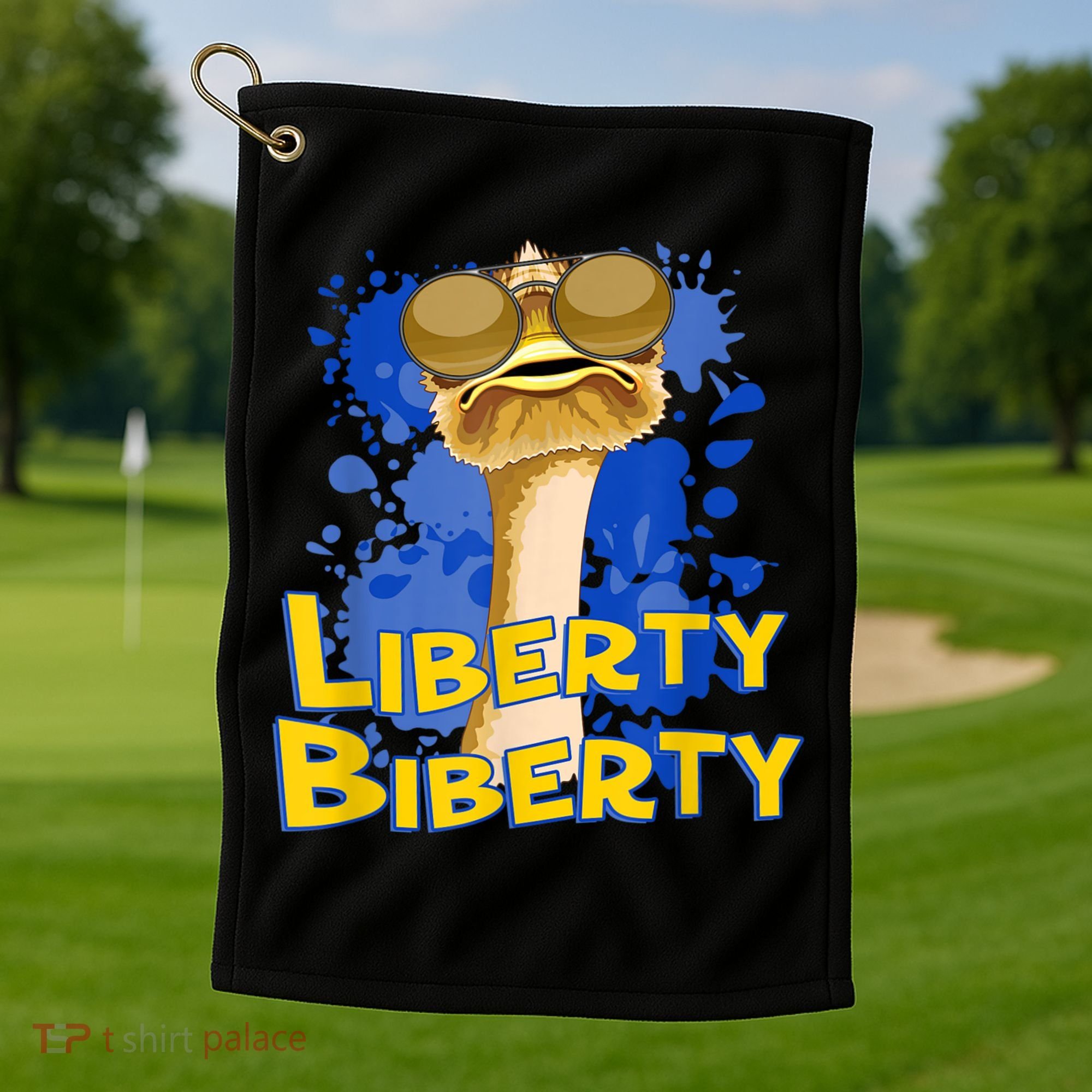 Funny Liberty Biberty Ostrich Sunglasses Humor Blue Golf Towel