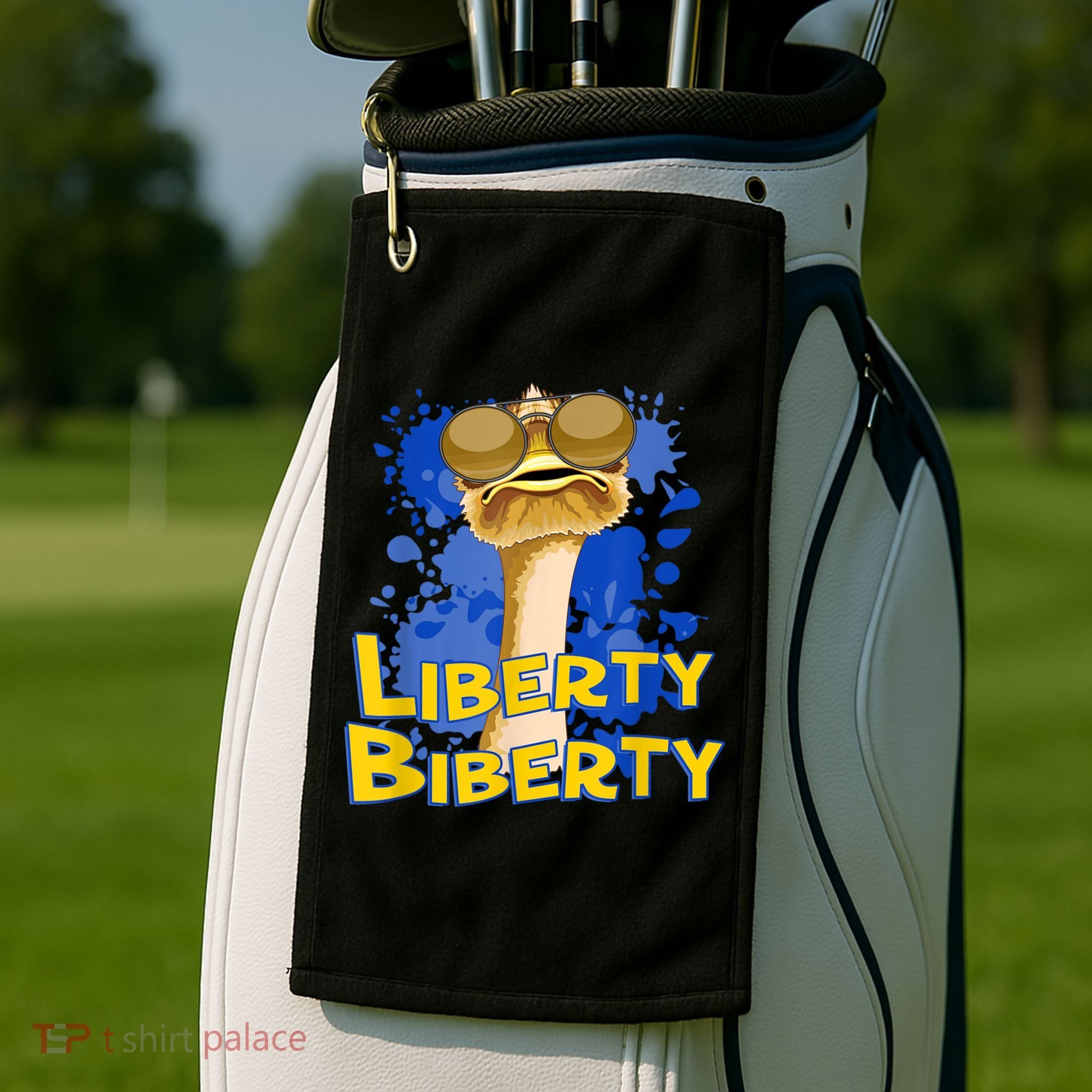 Funny Liberty Biberty Ostrich Sunglasses Humor Blue Golf Towel