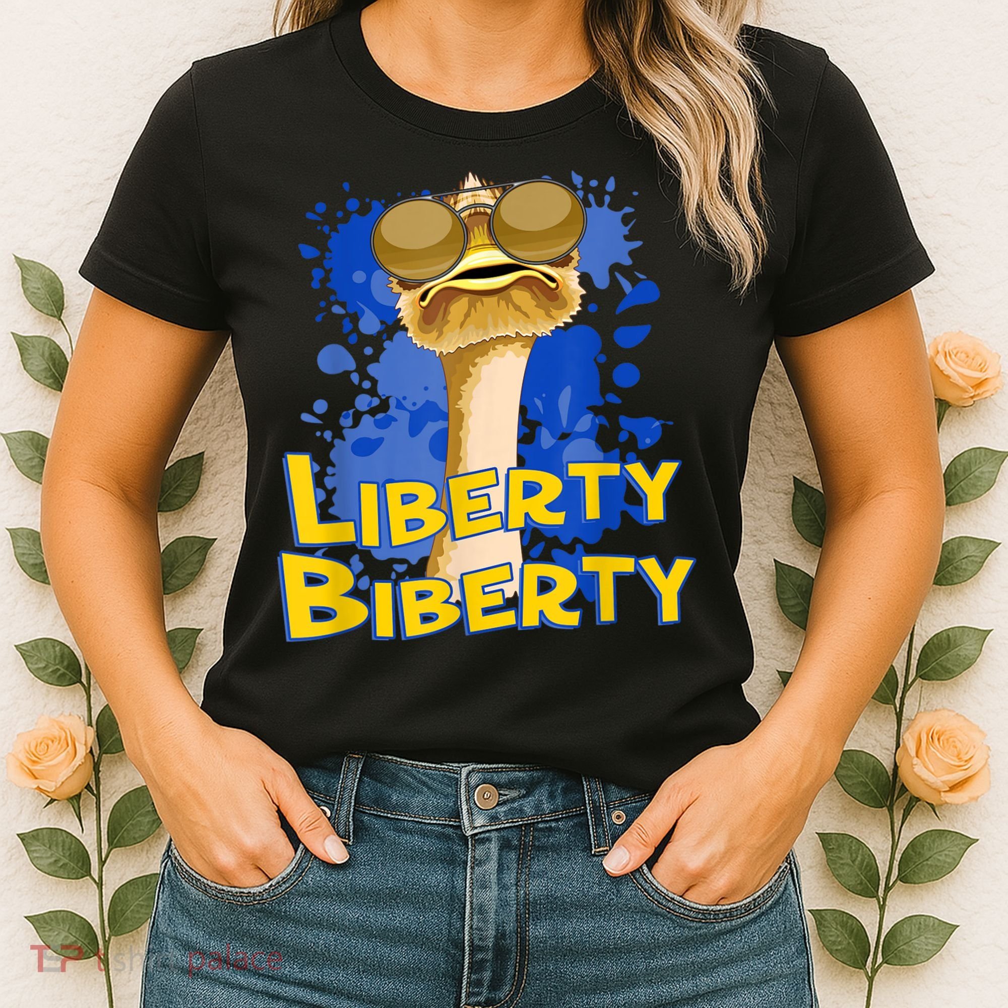 Funny Liberty Biberty Ostrich Sunglasses Humor Blue Women's T-Shirt