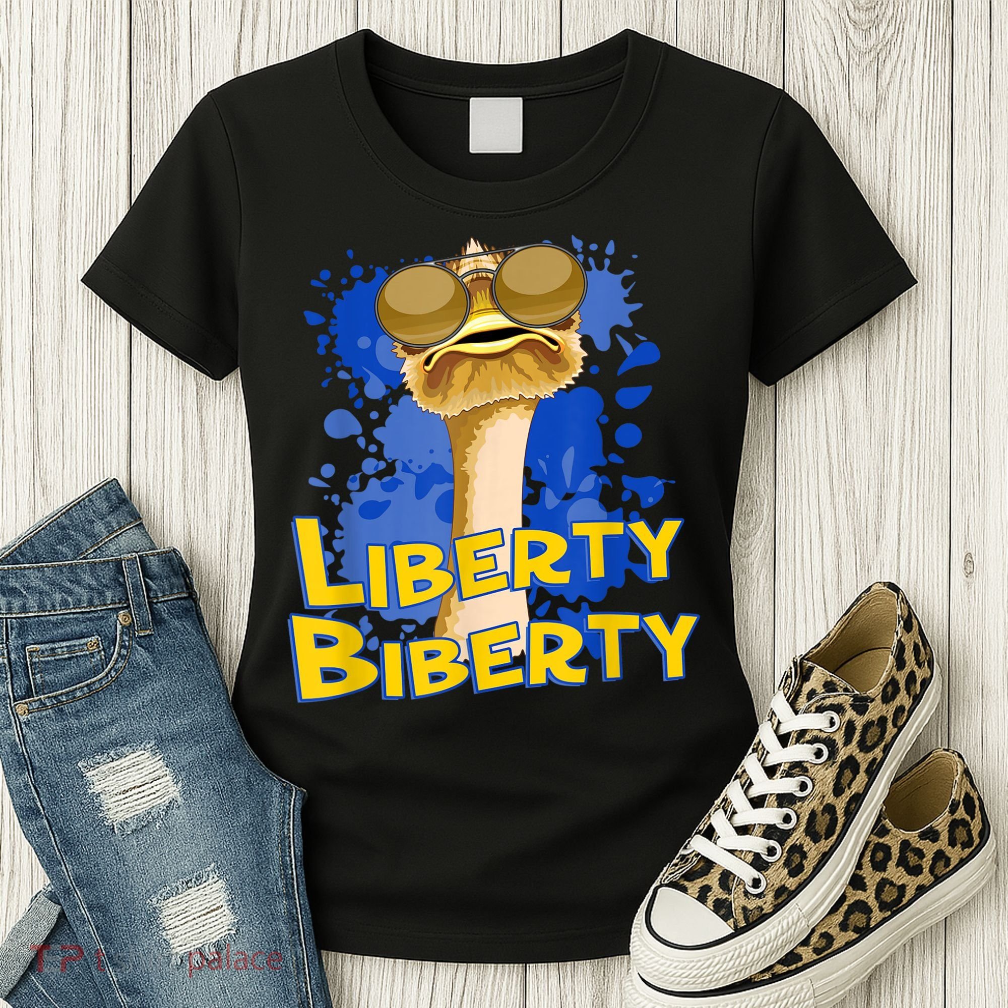 Funny Liberty Biberty Ostrich Sunglasses Humor Blue Women's T-Shirt