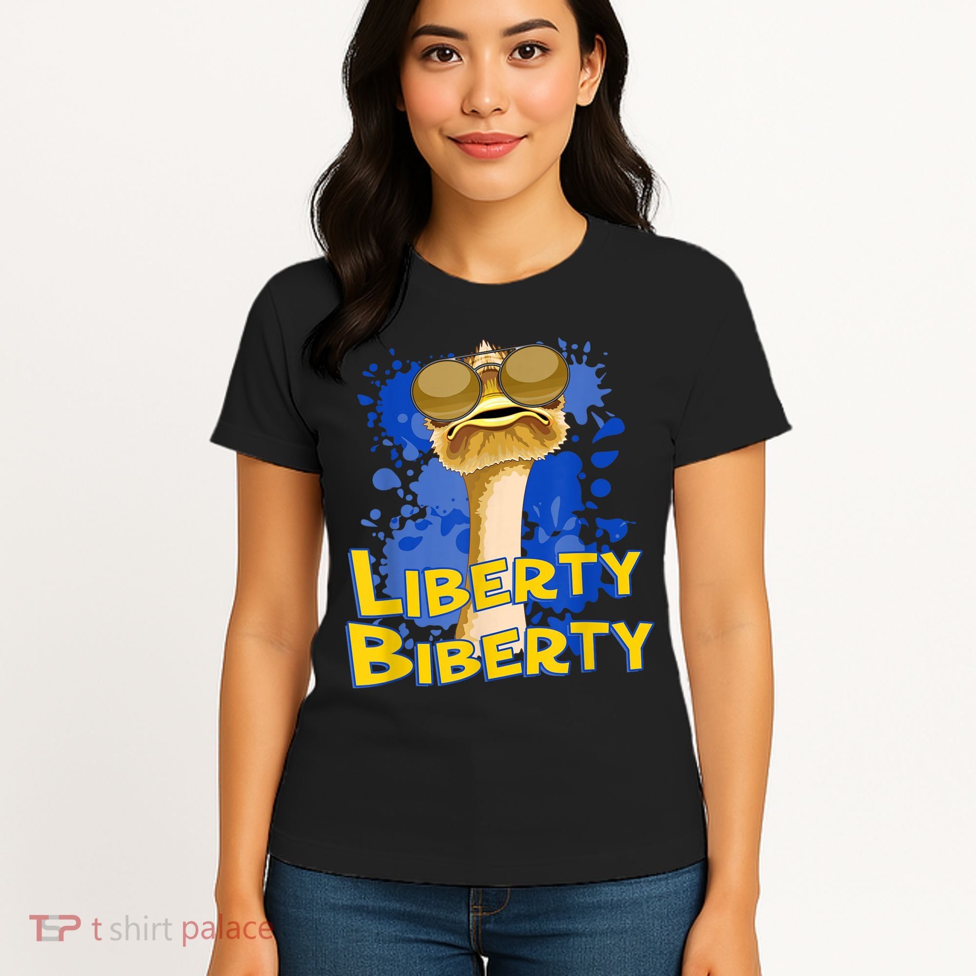 Funny Liberty Biberty Ostrich Sunglasses Humor Blue Women's T-Shirt