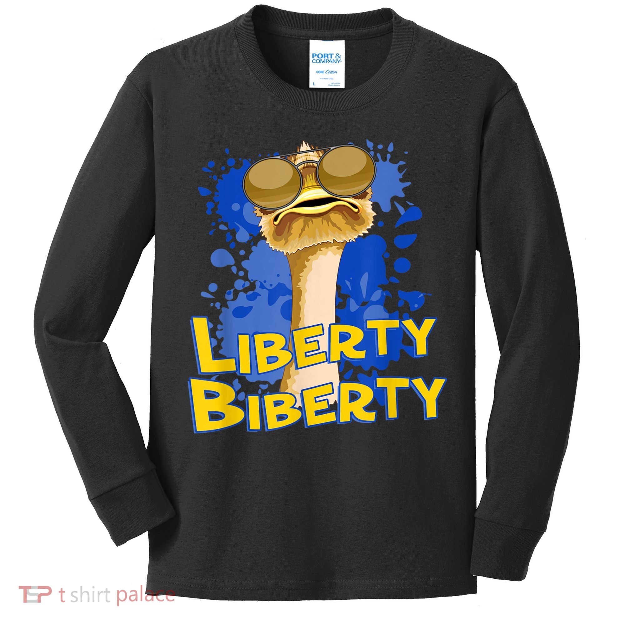 Funny Liberty Biberty Ostrich Sunglasses Humor Blue Kids Long Sleeve Shirt
