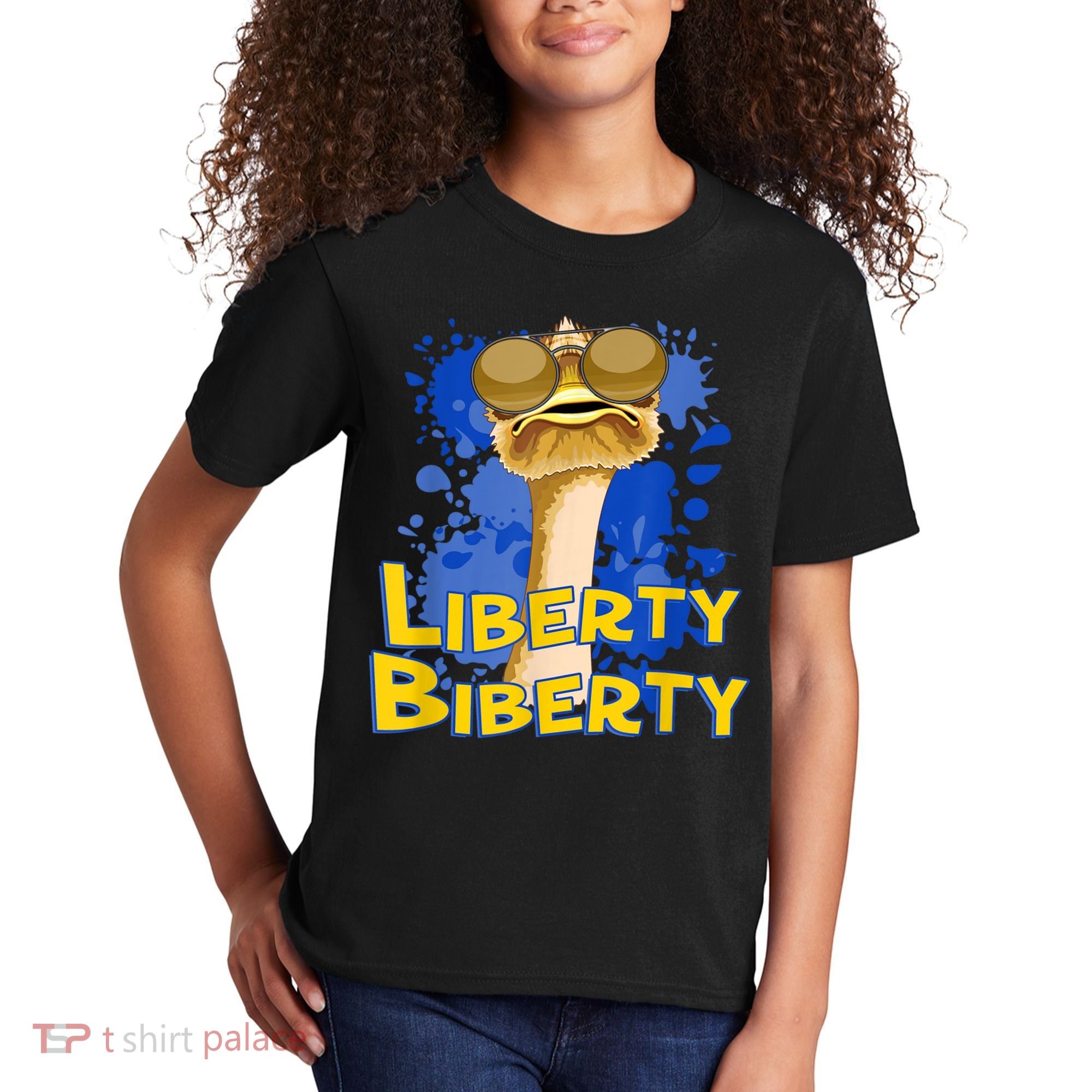Funny Liberty Biberty Ostrich Sunglasses Humor Blue Kids T-Shirt