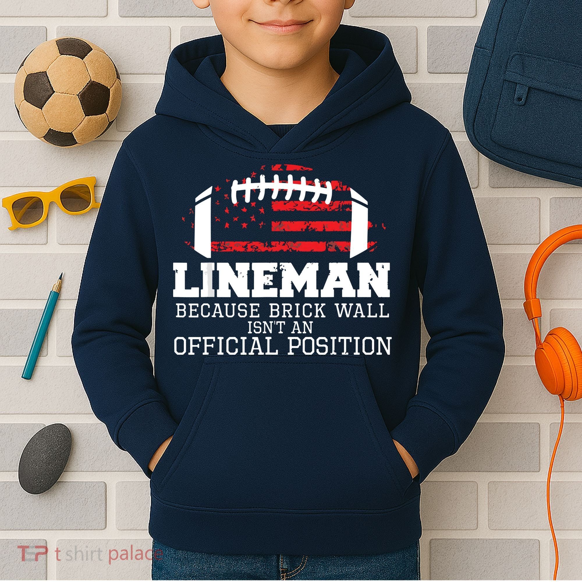 Football Lineman Because Brick Wall OLine DLine Lineman Kids Hoodie