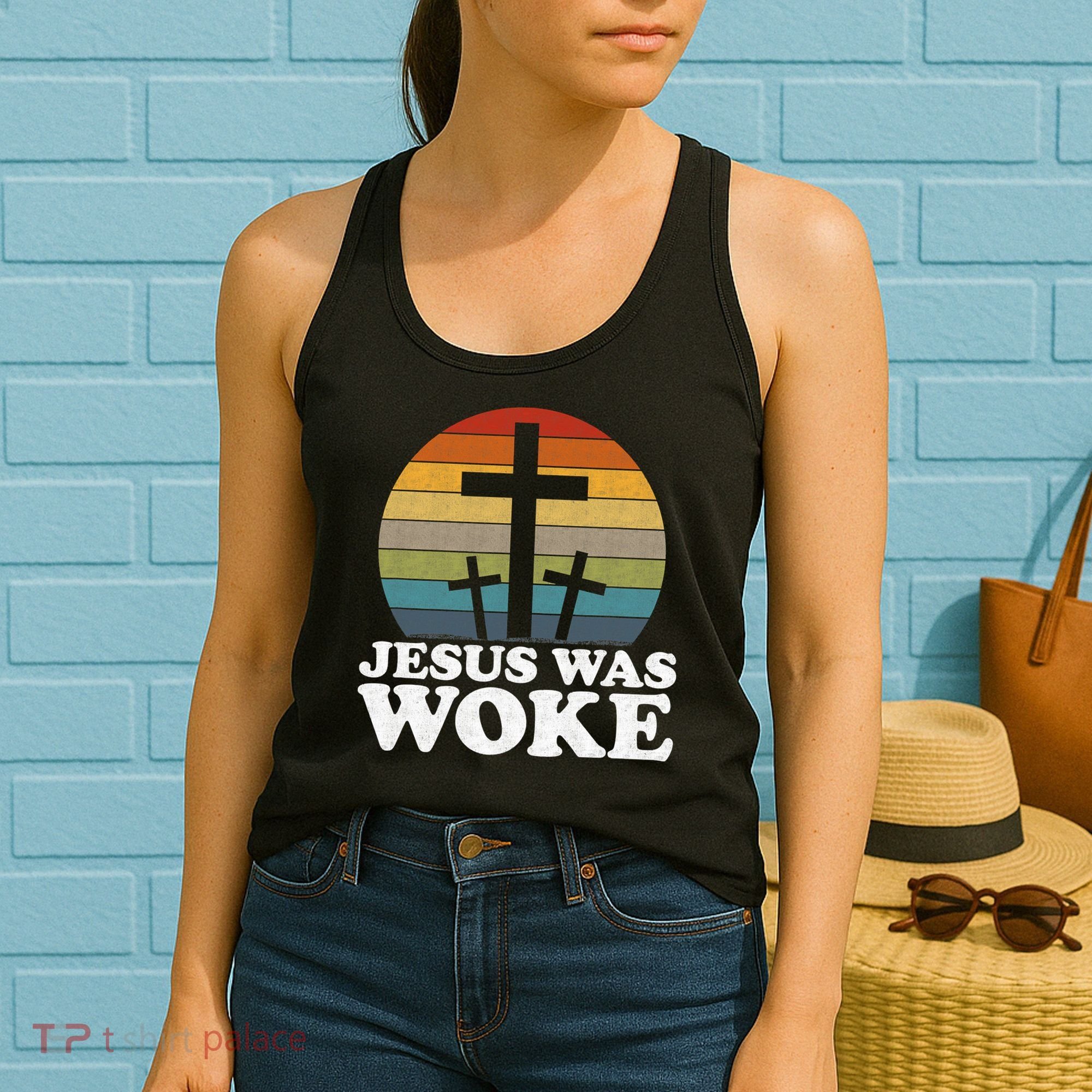 Funny Liberal Christian Democrat Jesus Was Woke Women's Tank Top