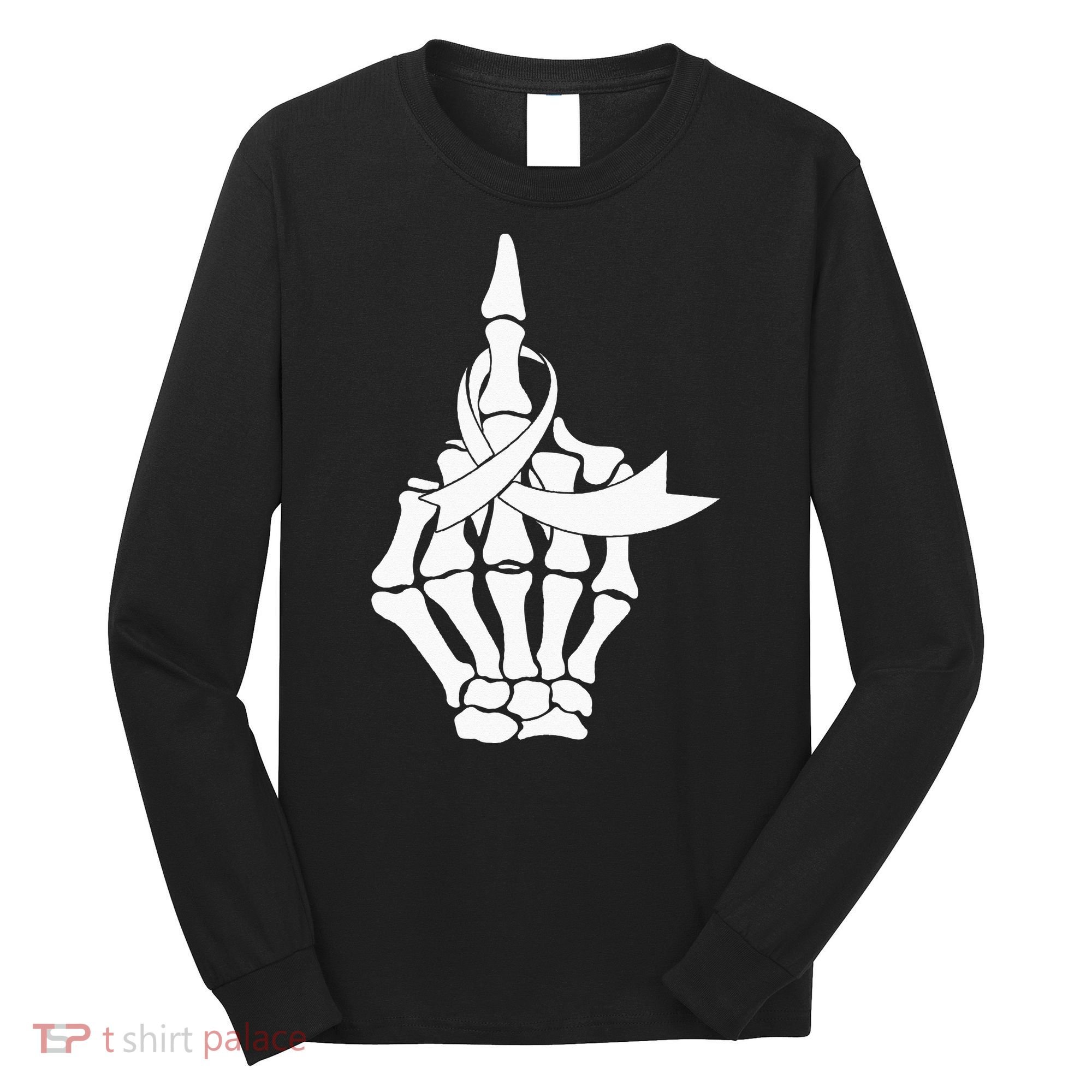 Fuck Lung Cancer Middle Finger White Ribbon Long Sleeve Shirt